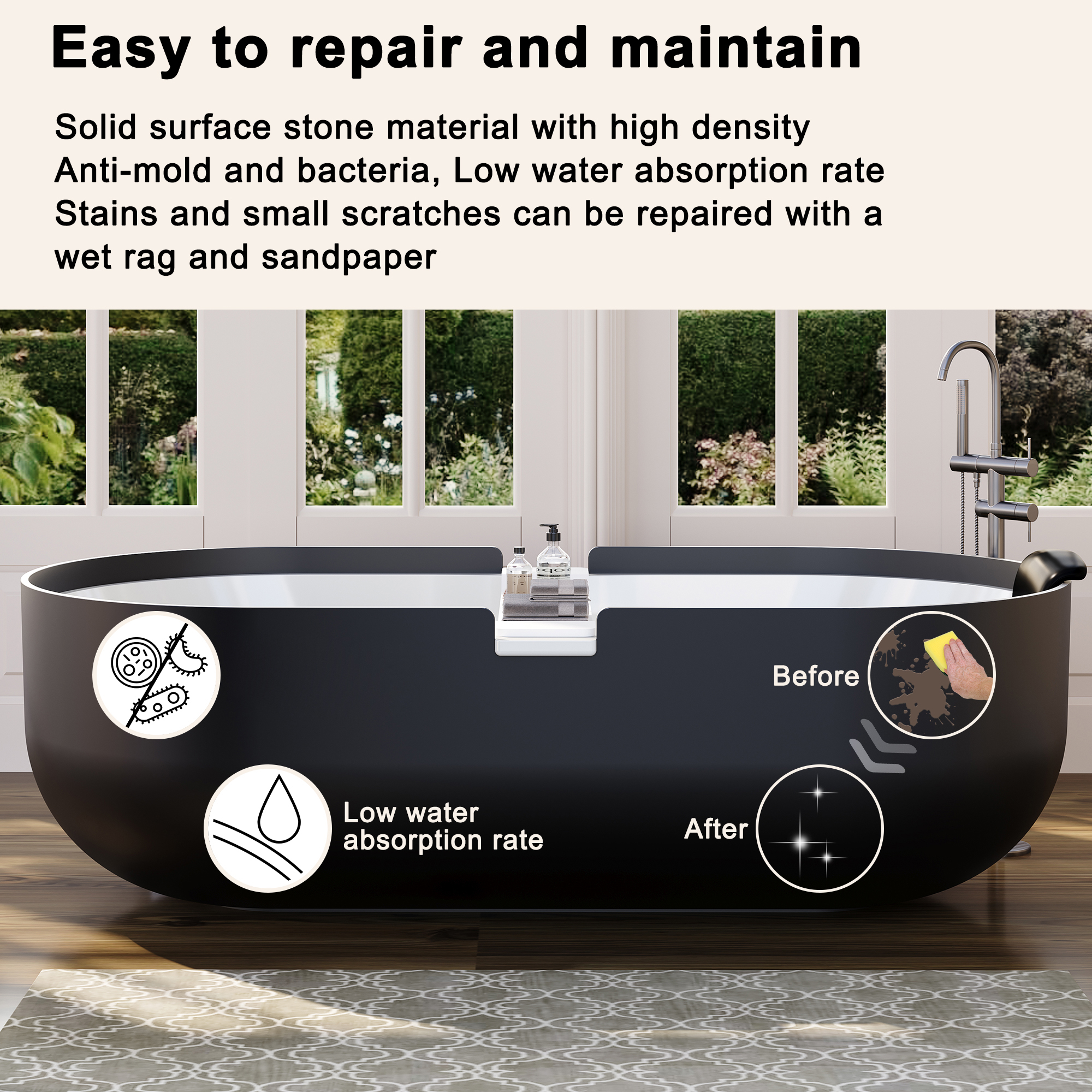 67/71" Black Outside and White Inside Solid Surface Adult Freestanding Tub with Resin Stone Shelf