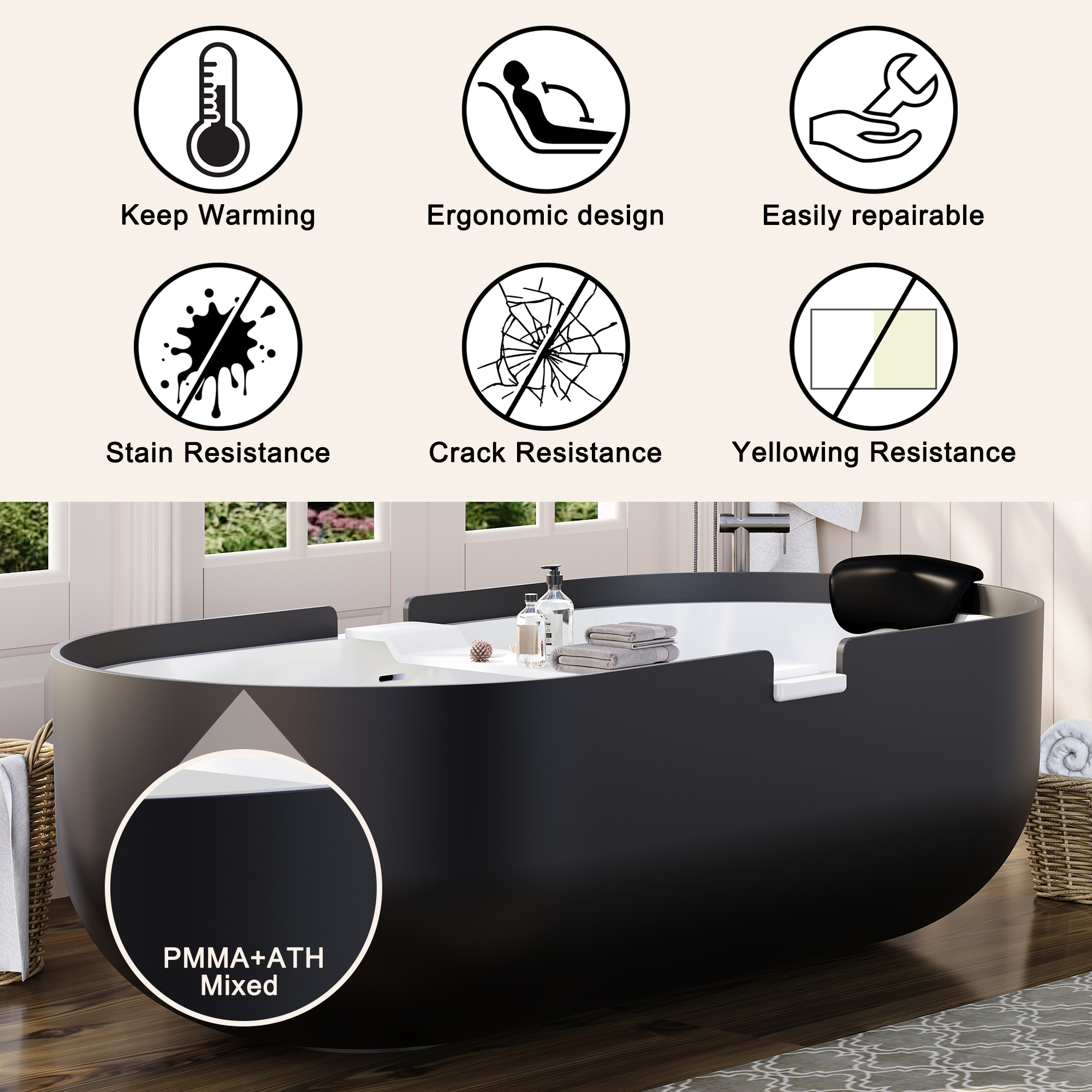 67/71" Black Outside and White Inside Solid Surface Adult Freestanding Tub with Resin Stone Shelf