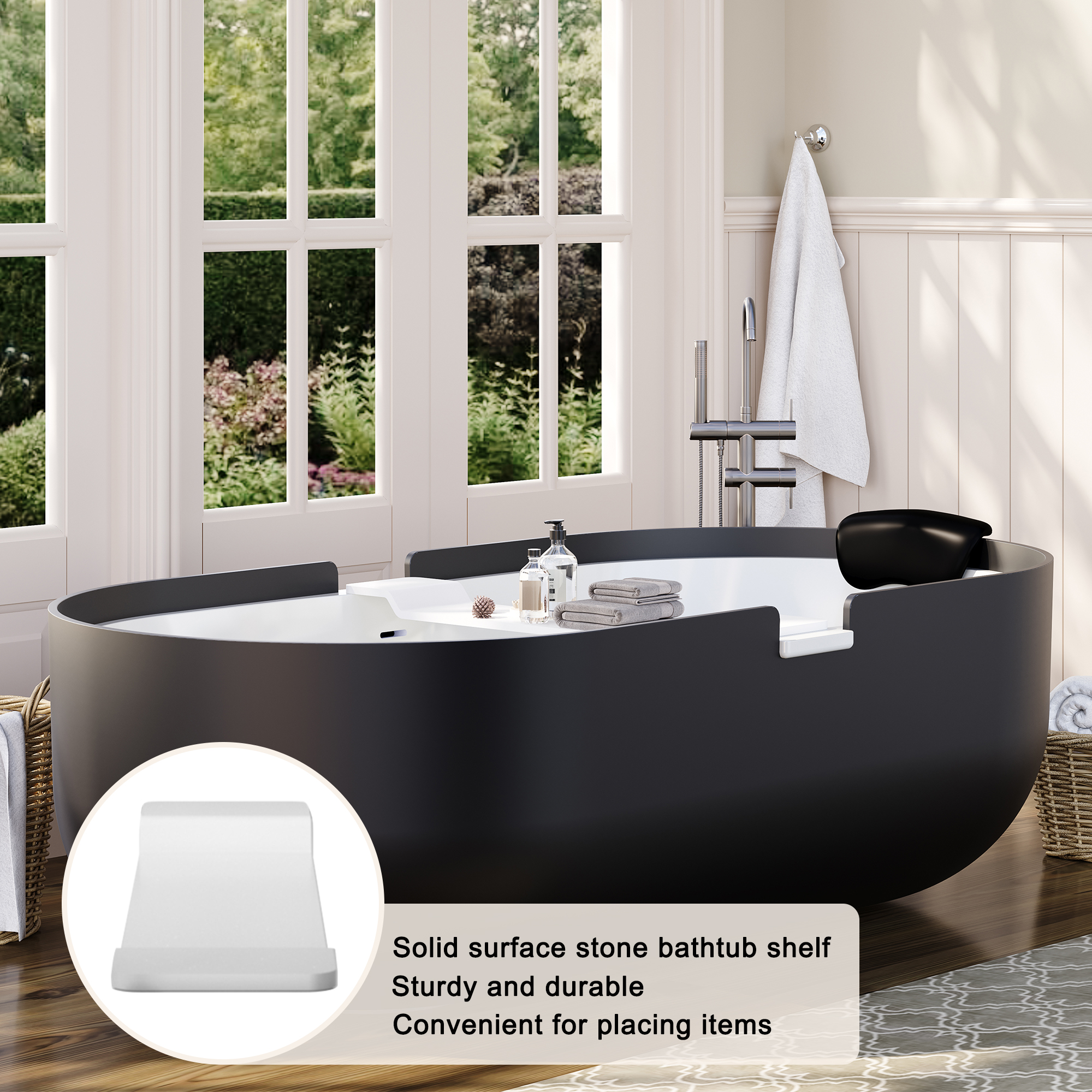 67/71" Black Outside and White Inside Solid Surface Adult Freestanding Tub with Resin Stone Shelf