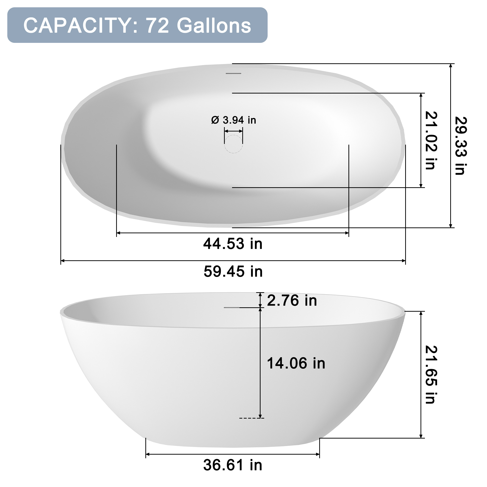 59"/63"/67" Freestanding Oval Solid Surface Stone Bathtub with Center Drain and cUPc Certification