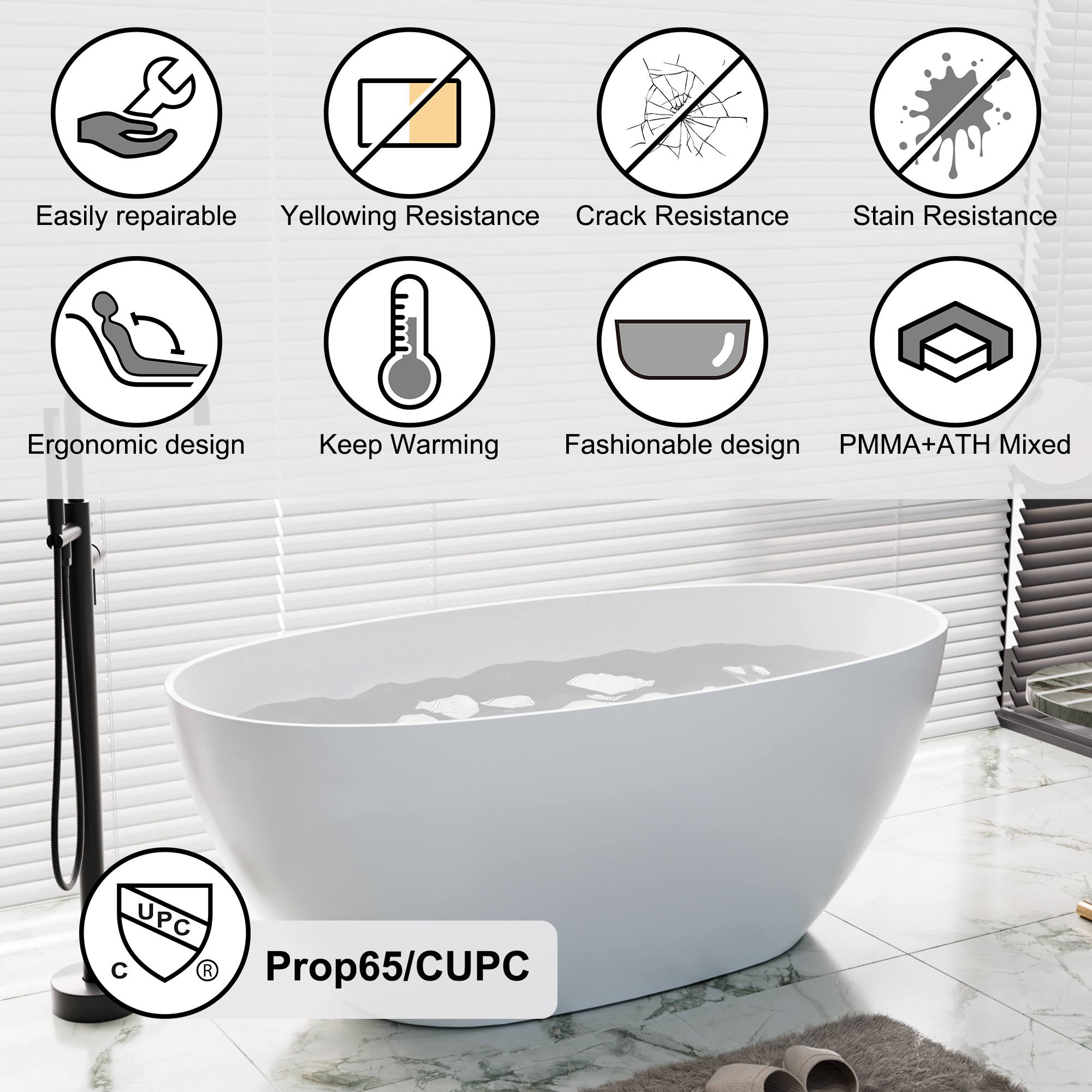59"/63"/67" Freestanding Oval Solid Surface Stone Bathtub with Center Drain and cUPc Certification