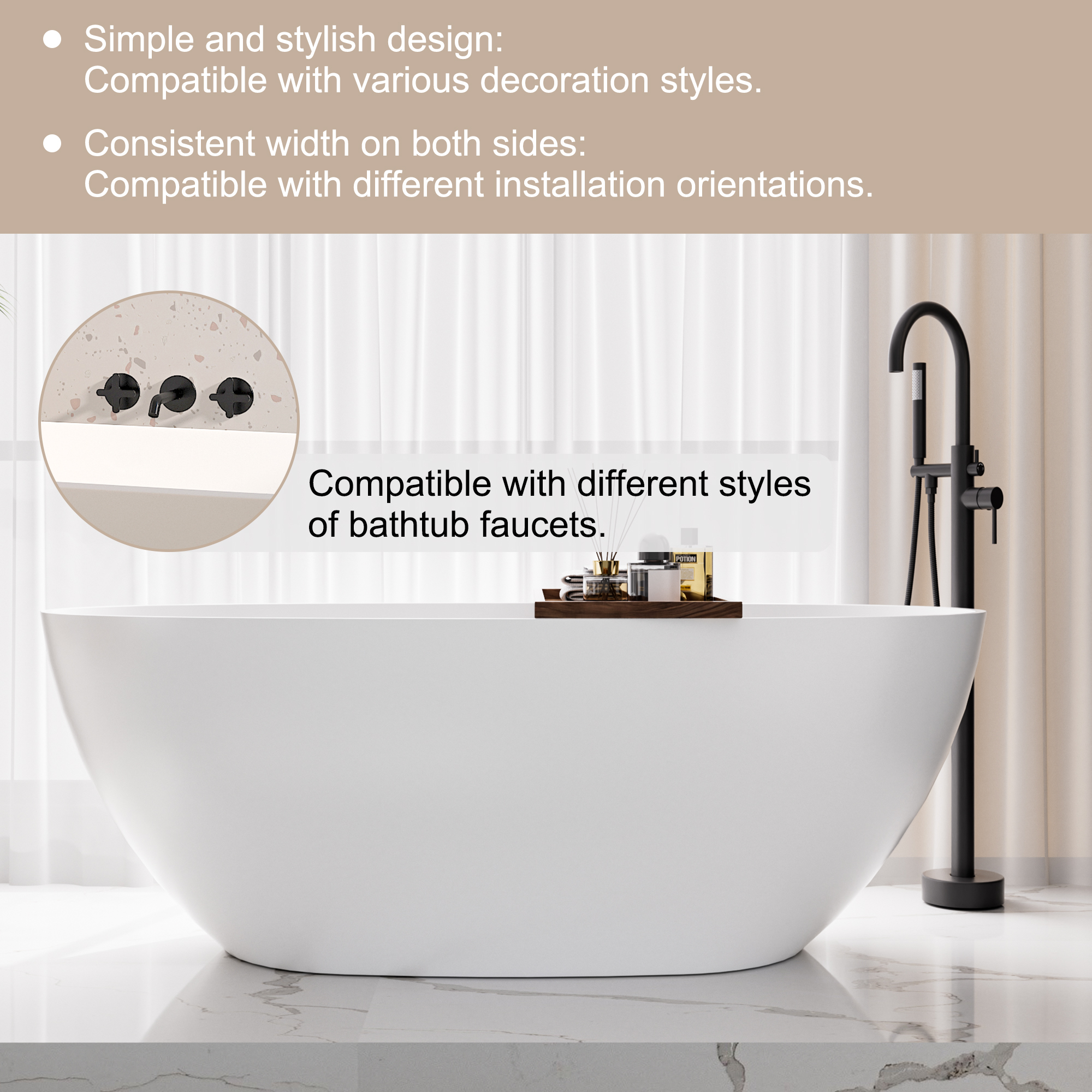 59"/63"/67" Freestanding Oval Solid Surface Stone Bathtub with Center Drain and cUPc Certification
