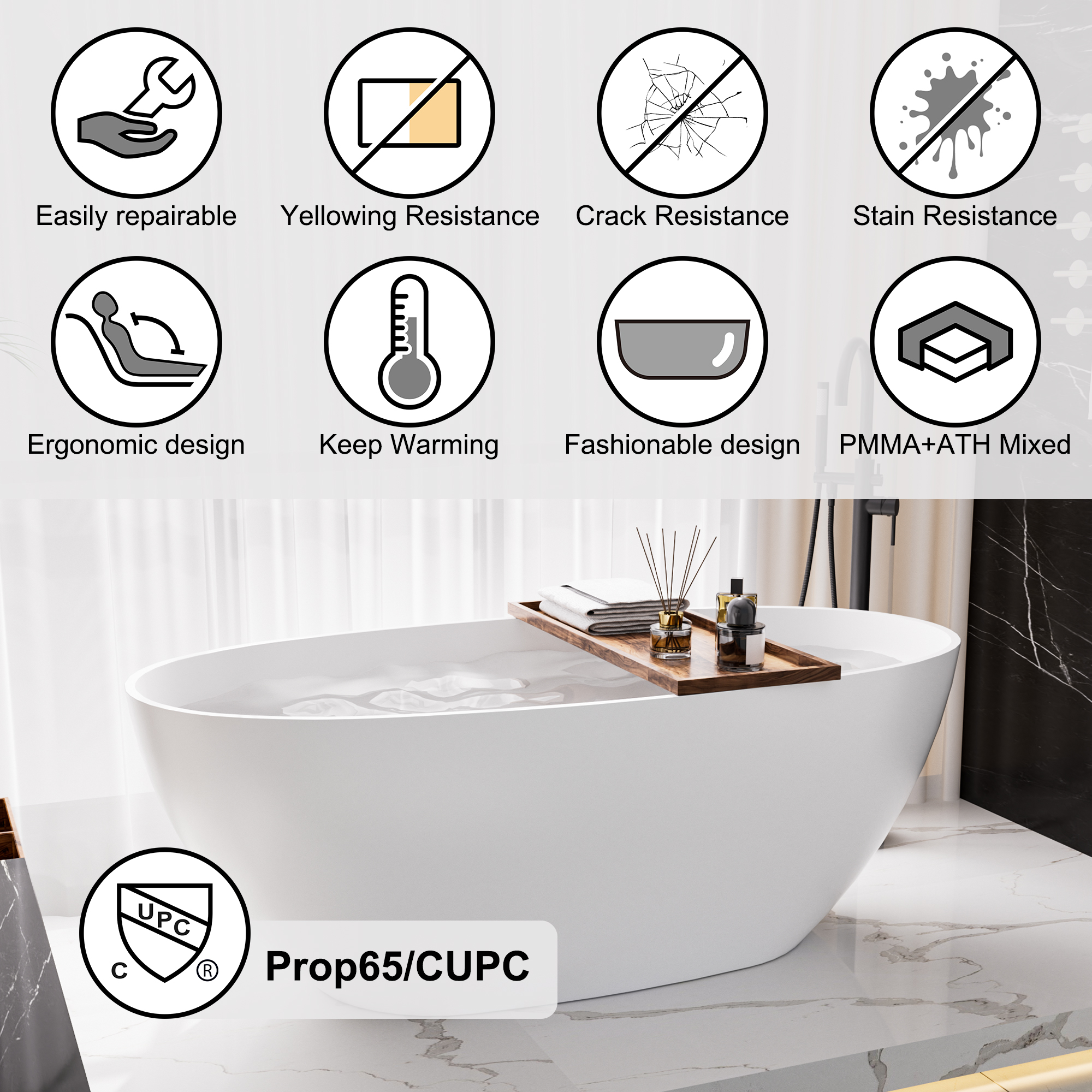 59"/63"/67" Freestanding Oval Solid Surface Stone Bathtub with Center Drain and cUPc Certification