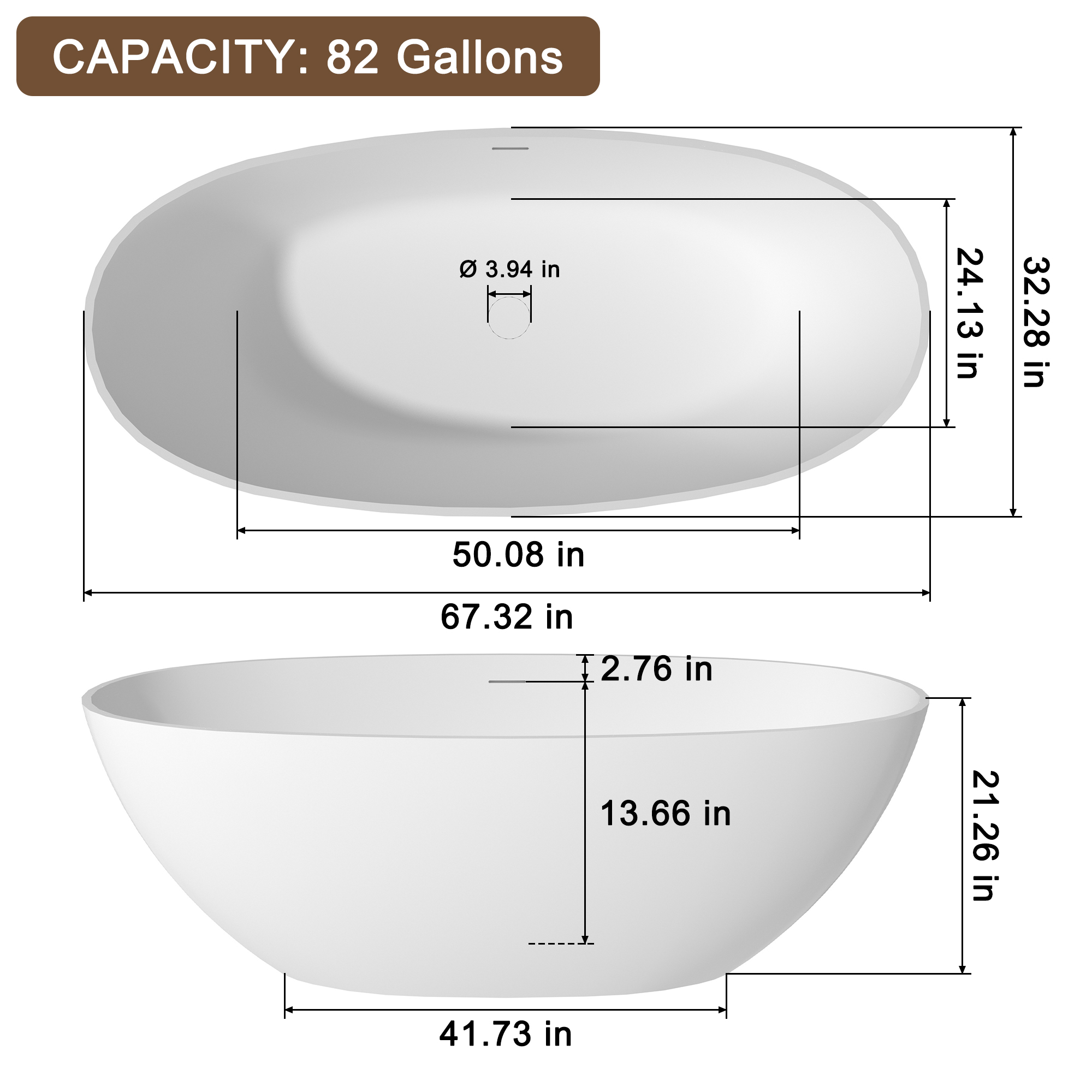 59"/63"/67" Freestanding Oval Solid Surface Stone Bathtub with Center Drain and cUPc Certification