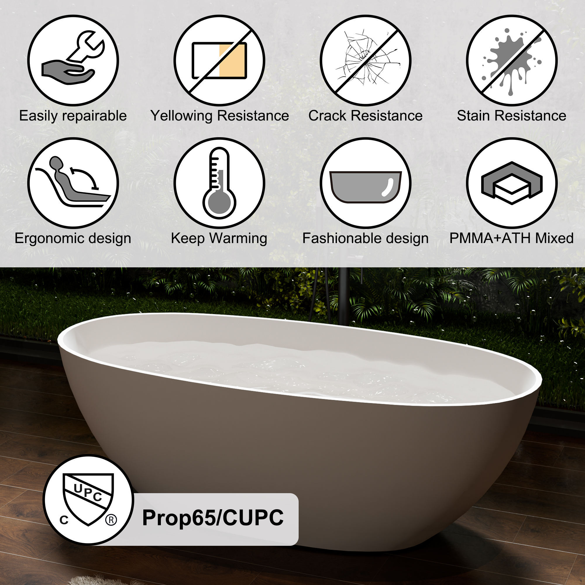 59"/63"/67" Freestanding Oval Solid Surface Stone Bathtub with Center Drain and cUPc Certification