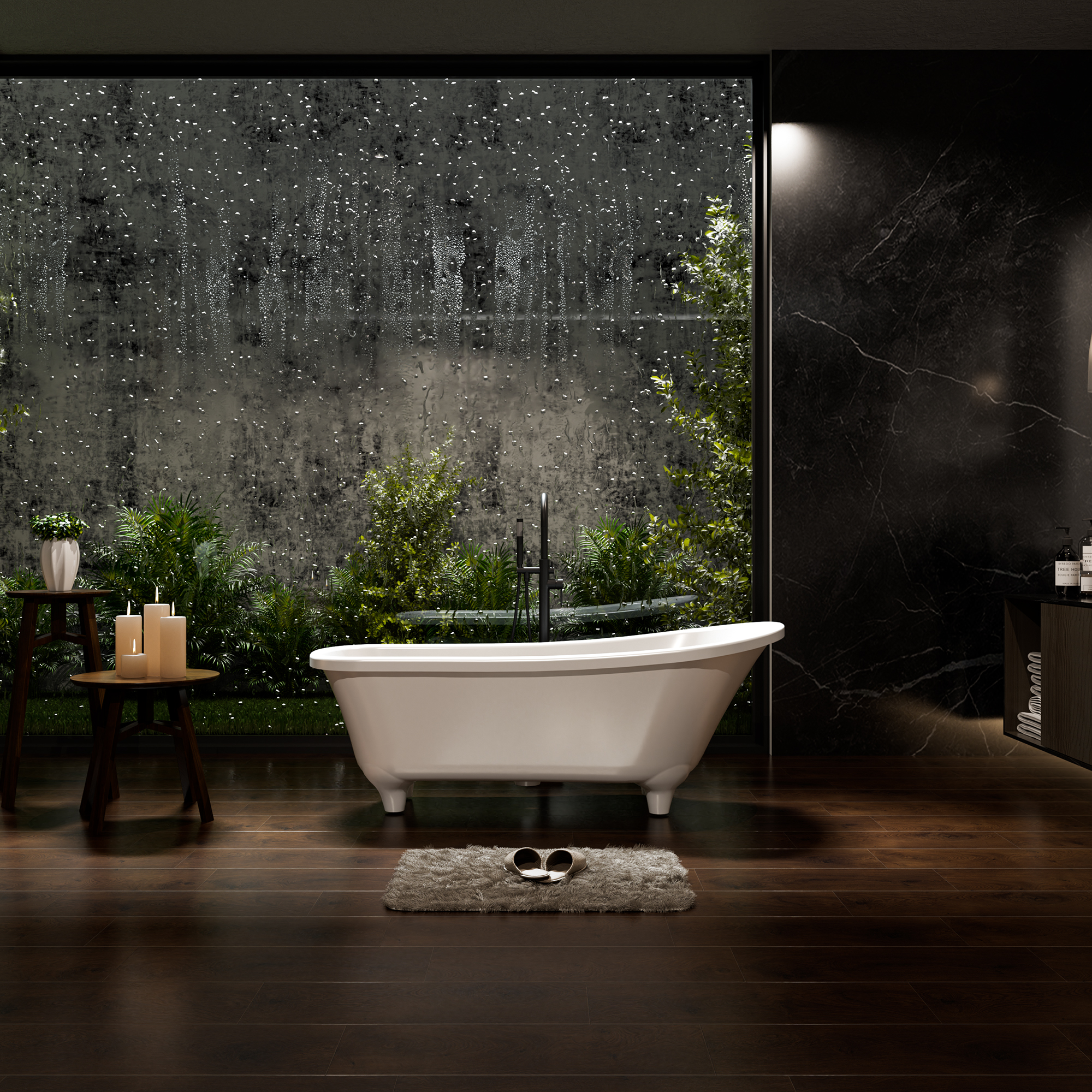 69" Solid Surface Stone Freestanding Soaking Tub with Pedestal and Left Overflow