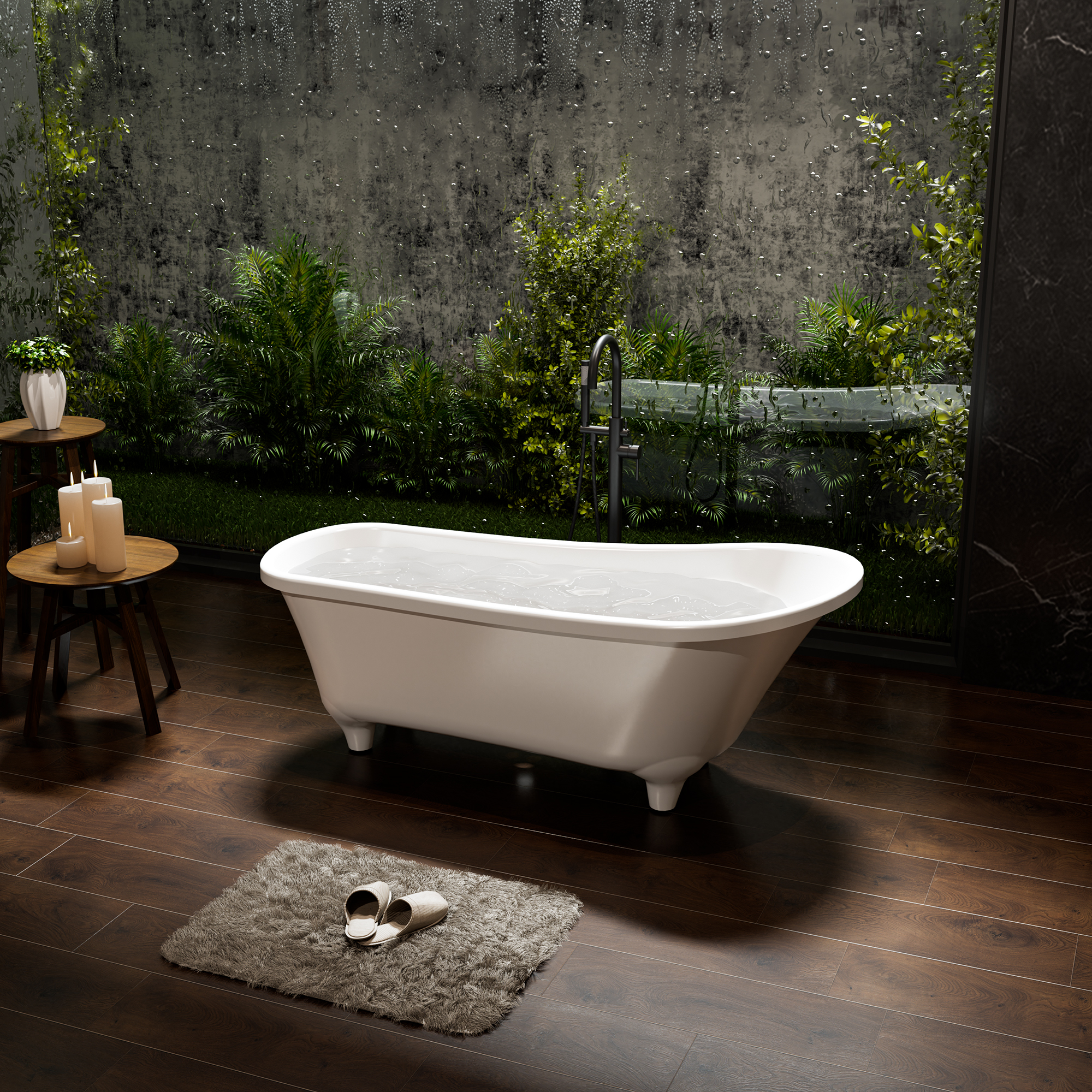 69" Solid Surface Stone Freestanding Soaking Tub with Pedestal and Left Overflow