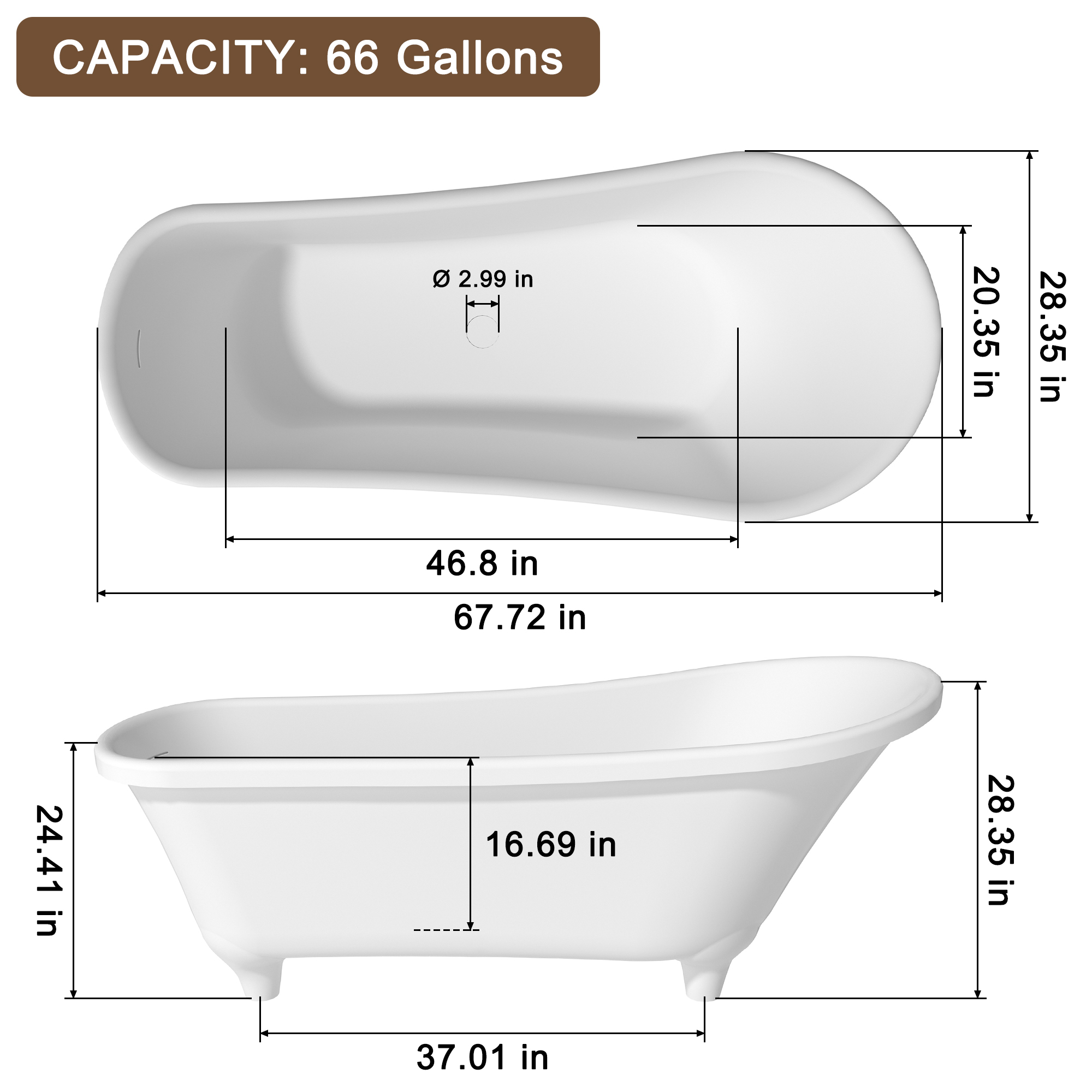 69" Solid Surface Stone Freestanding Soaking Tub with Pedestal and Left Overflow