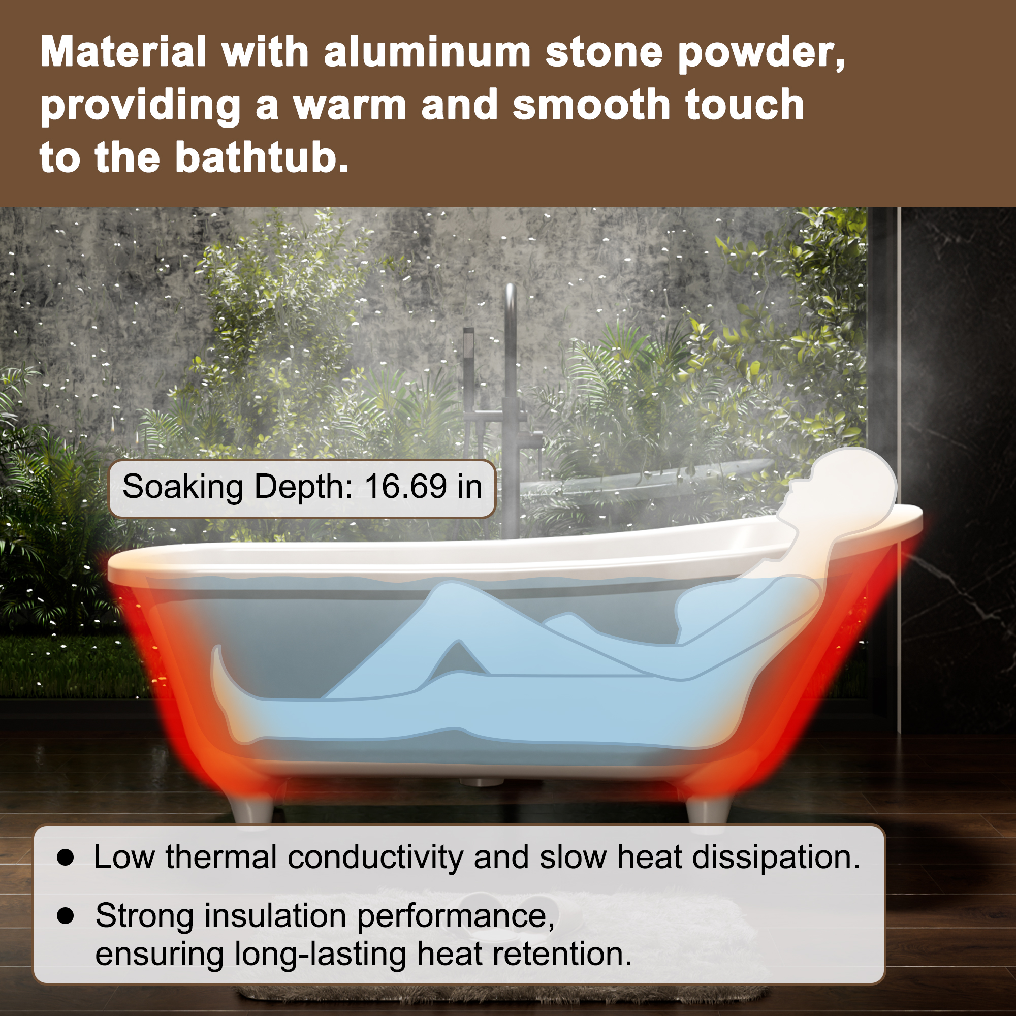 69" Solid Surface Stone Freestanding Soaking Tub with Pedestal and Left Overflow