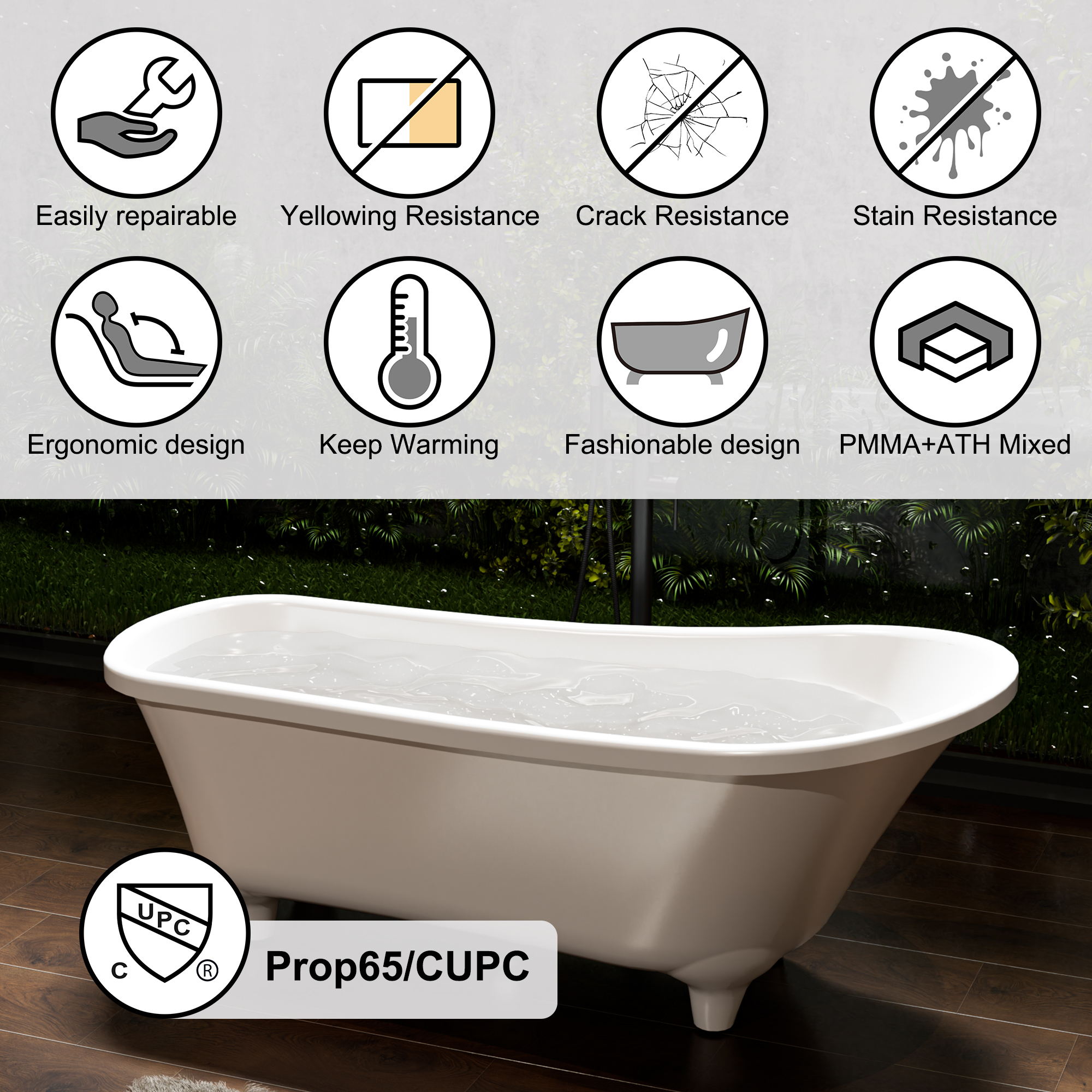 69" Solid Surface Stone Freestanding Soaking Tub with Pedestal and Left Overflow