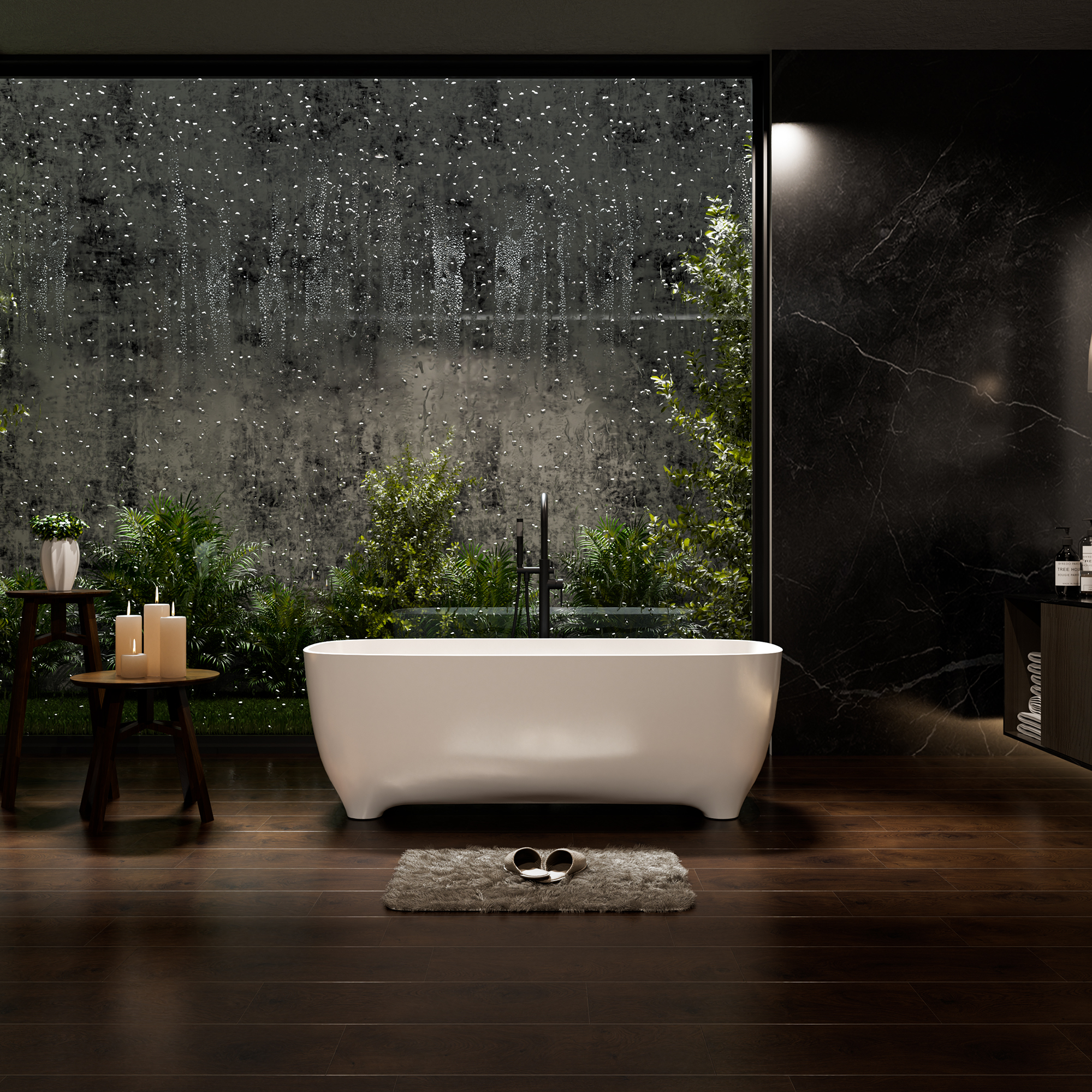 67" Matte White Solid Surface Stone Adult Freestanding Soaking Tub with Raised Pedestal