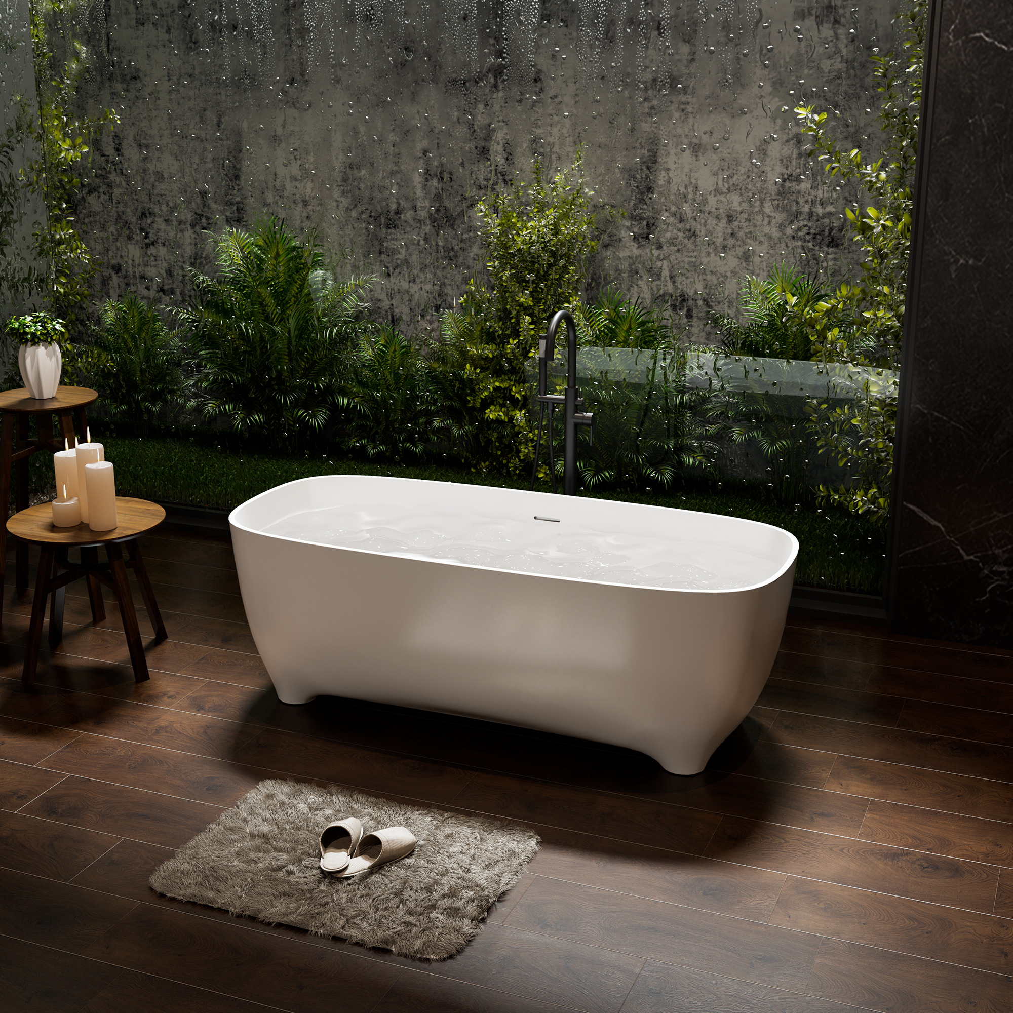 67" Matte White Solid Surface Stone Adult Freestanding Soaking Tub with Raised Pedestal