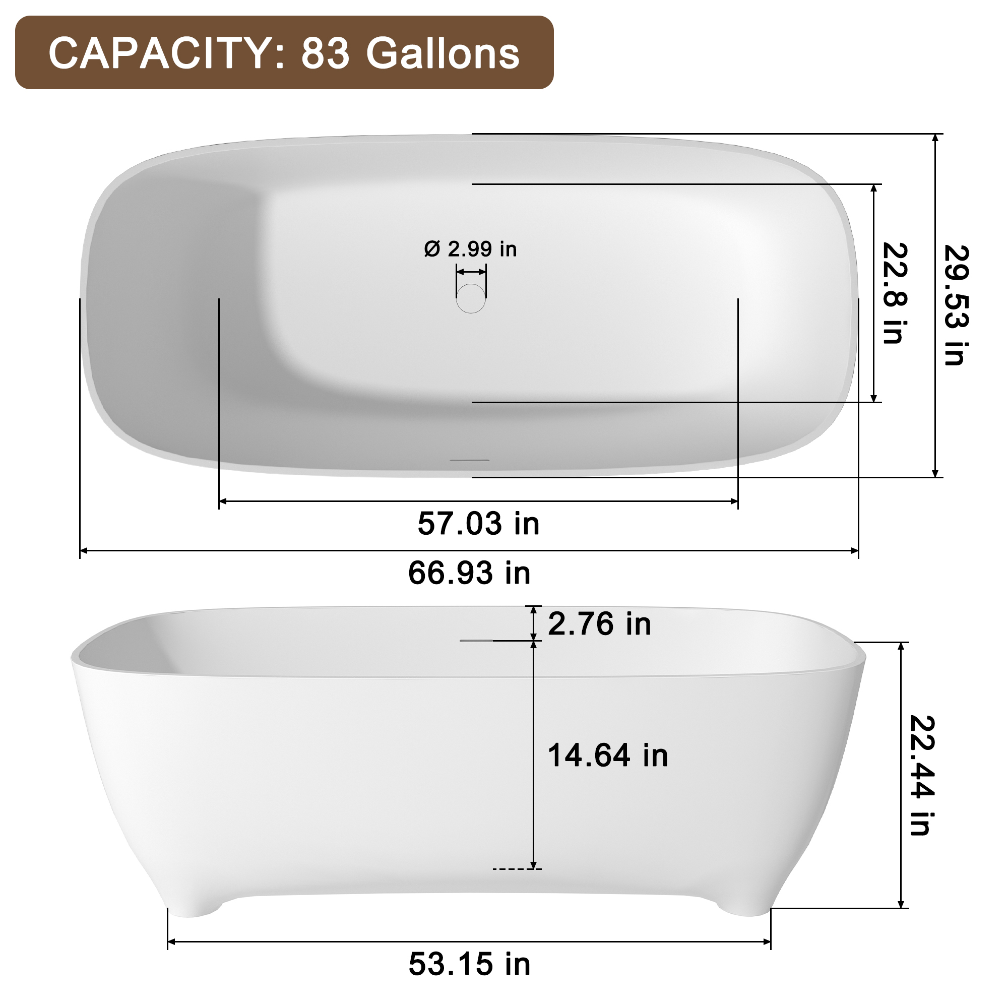67" Matte White Solid Surface Stone Adult Freestanding Soaking Tub with Raised Pedestal