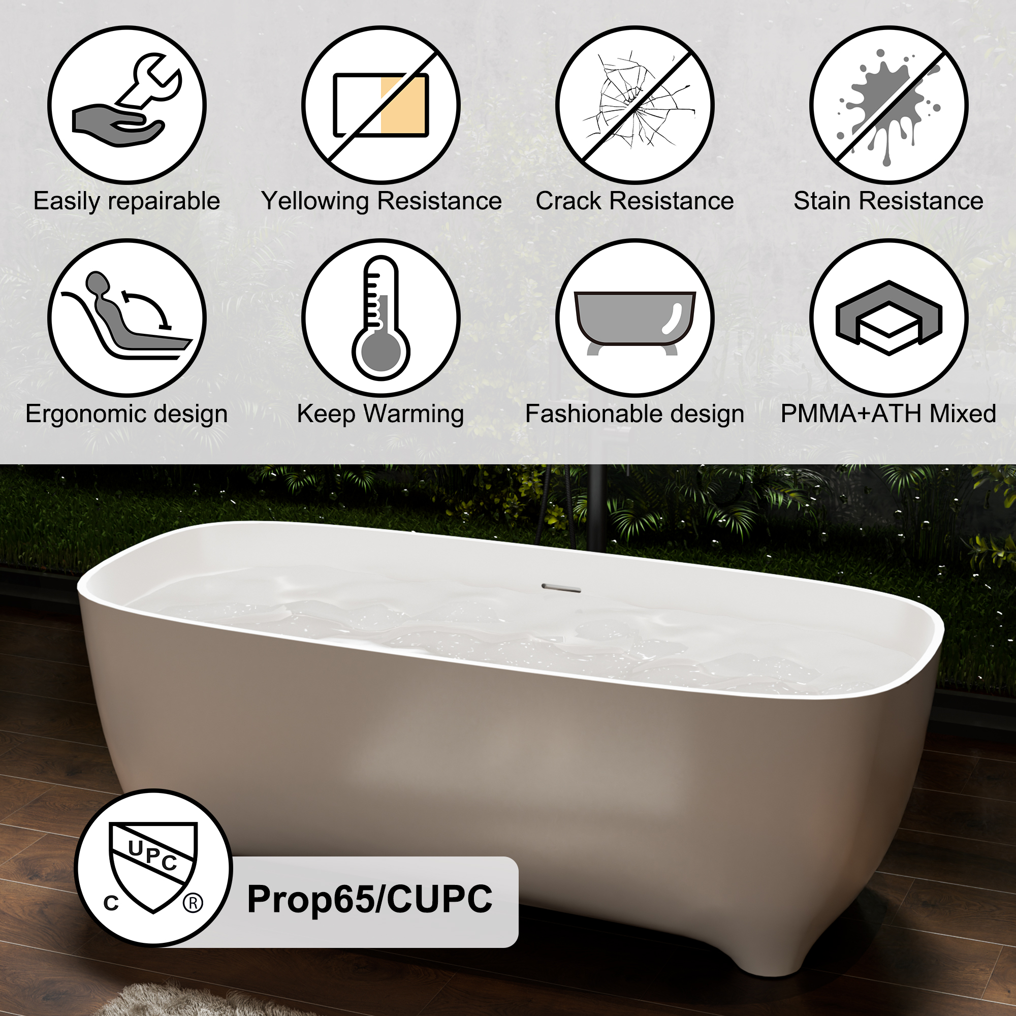 67" Matte White Solid Surface Stone Adult Freestanding Soaking Tub with Raised Pedestal