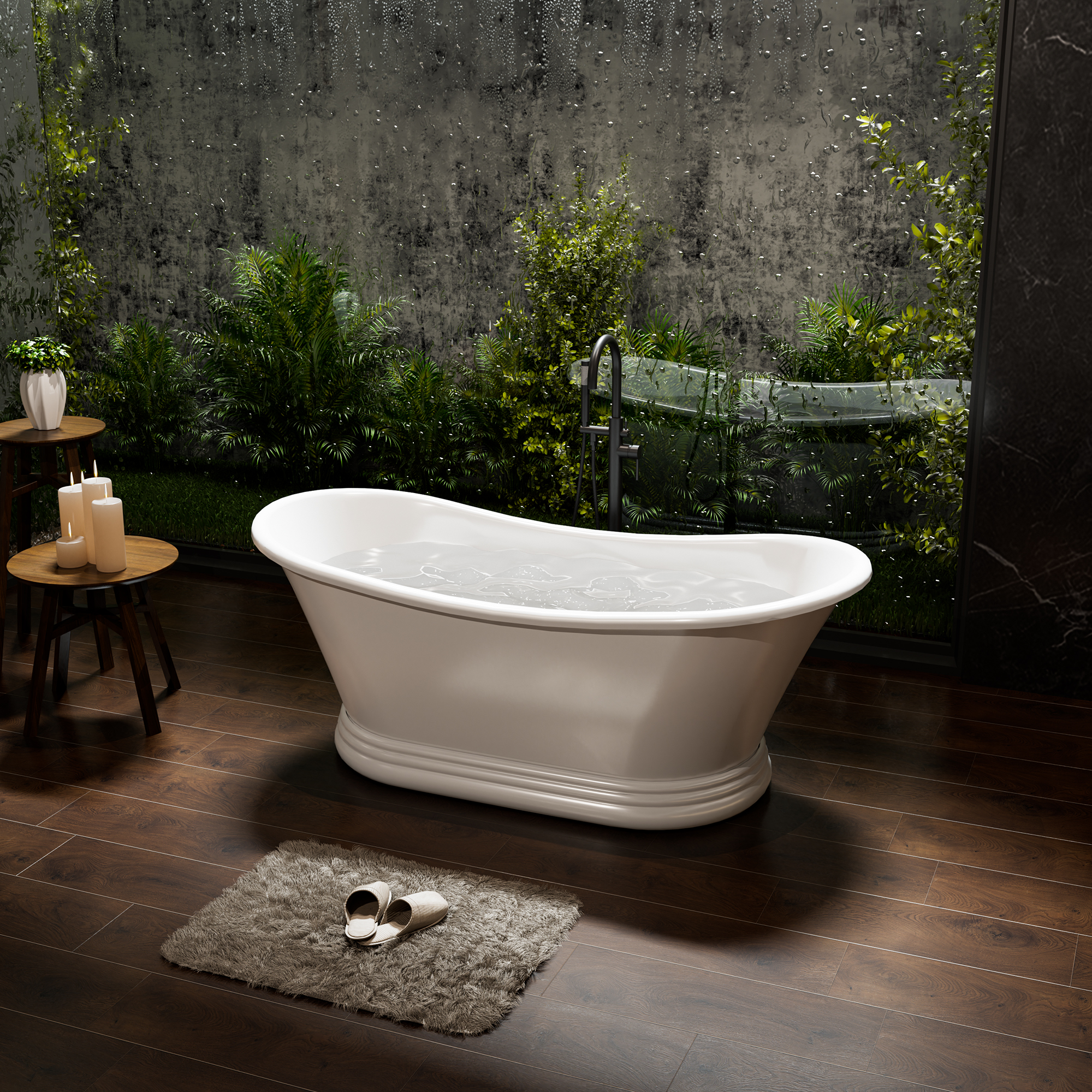 67" Matte White Freestanding Solid Surface Stone Curved Bathtub with Double-Ended High-Back