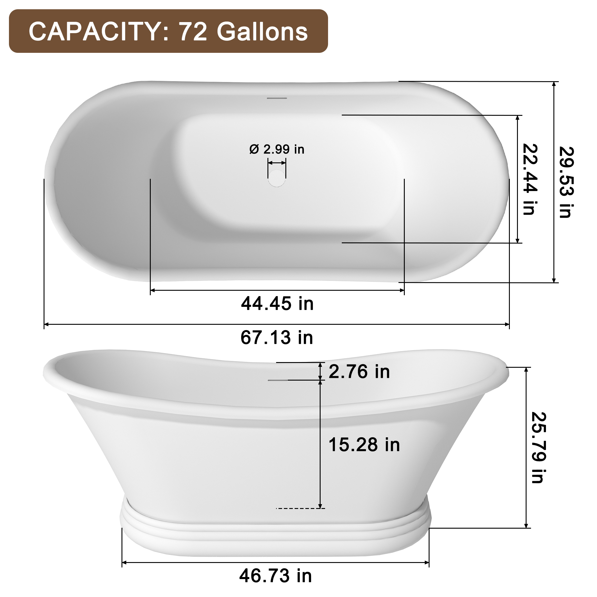 67" Matte White Freestanding Solid Surface Stone Curved Bathtub with Double-Ended High-Back
