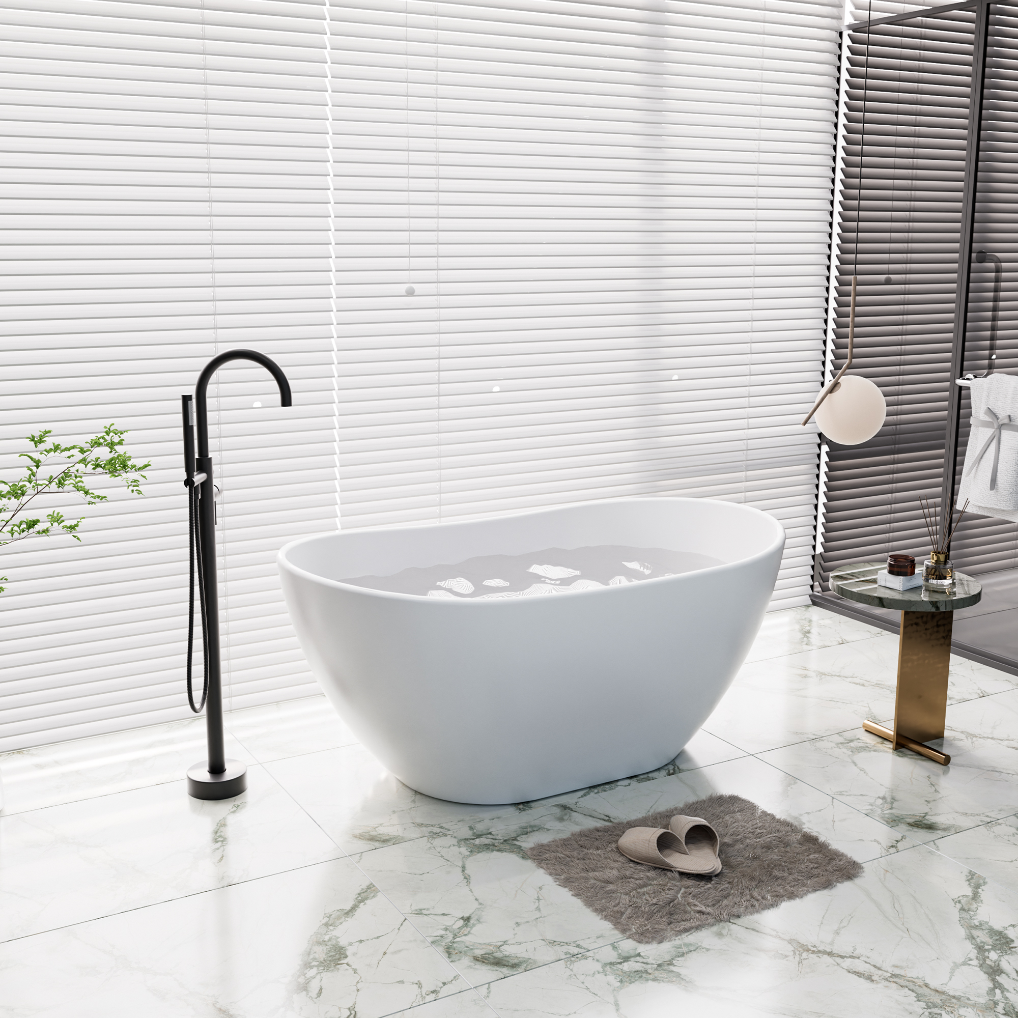 56"/65"/71" Matte White Solid Surface Stone Freestanding Tub with Classic Arc Shape