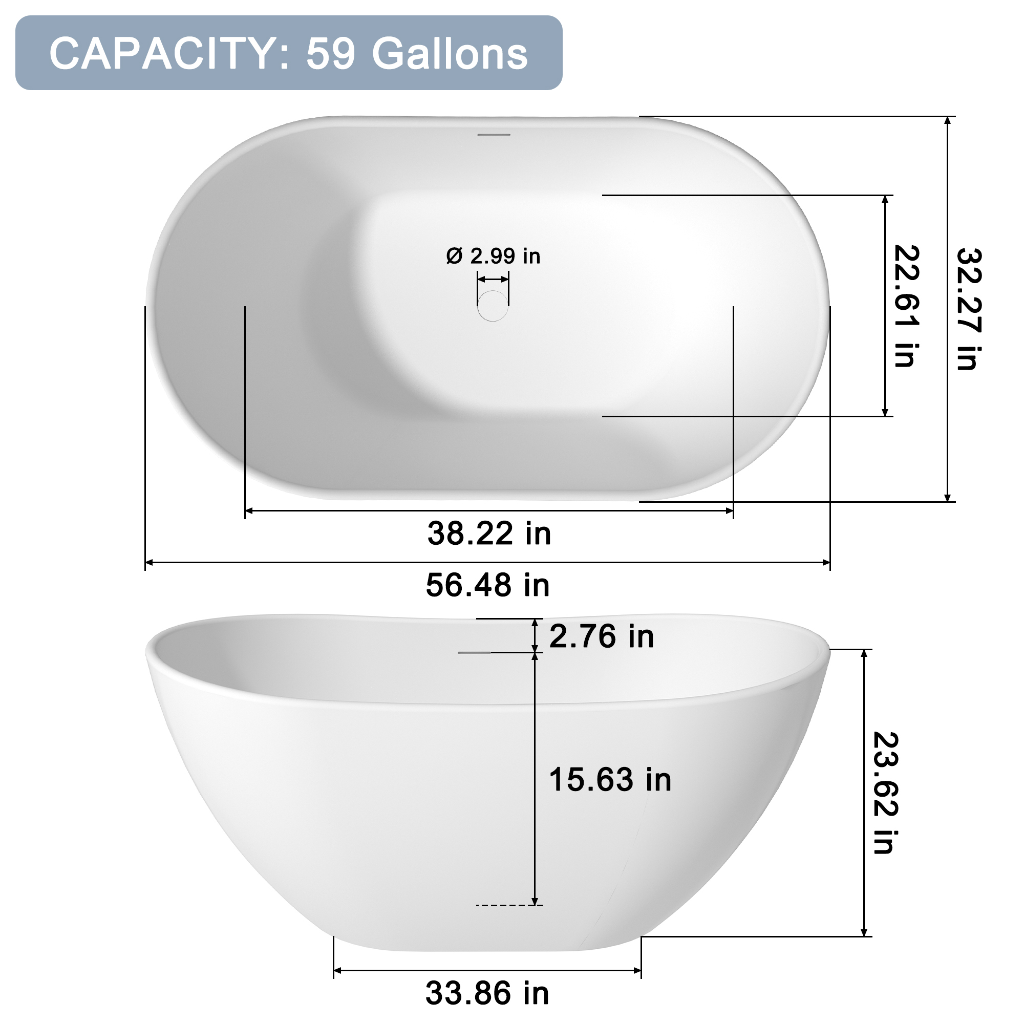 56"/65"/71" Matte White Solid Surface Stone Freestanding Tub with Classic Arc Shape