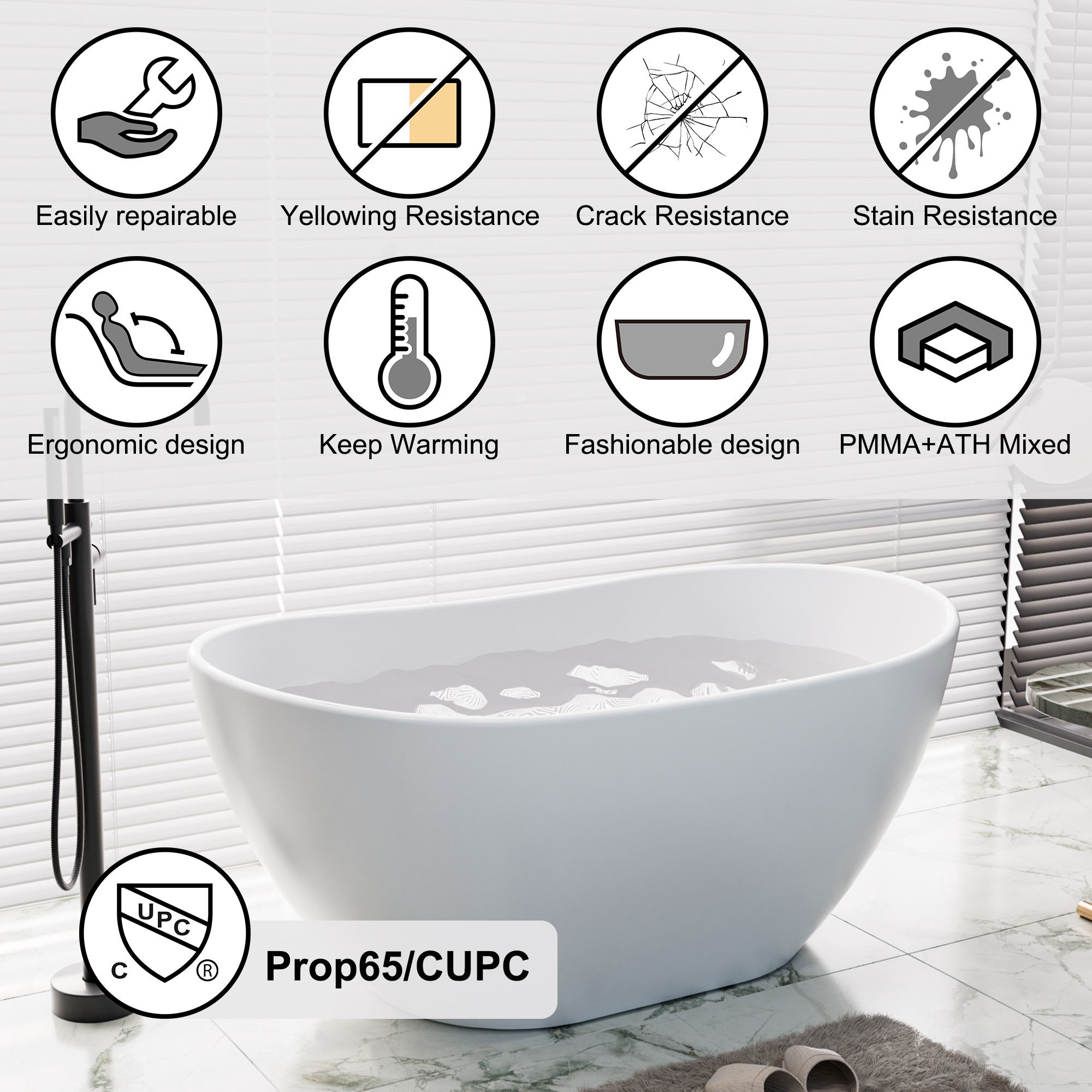 56"/65"/71" Matte White Solid Surface Stone Freestanding Tub with Classic Arc Shape