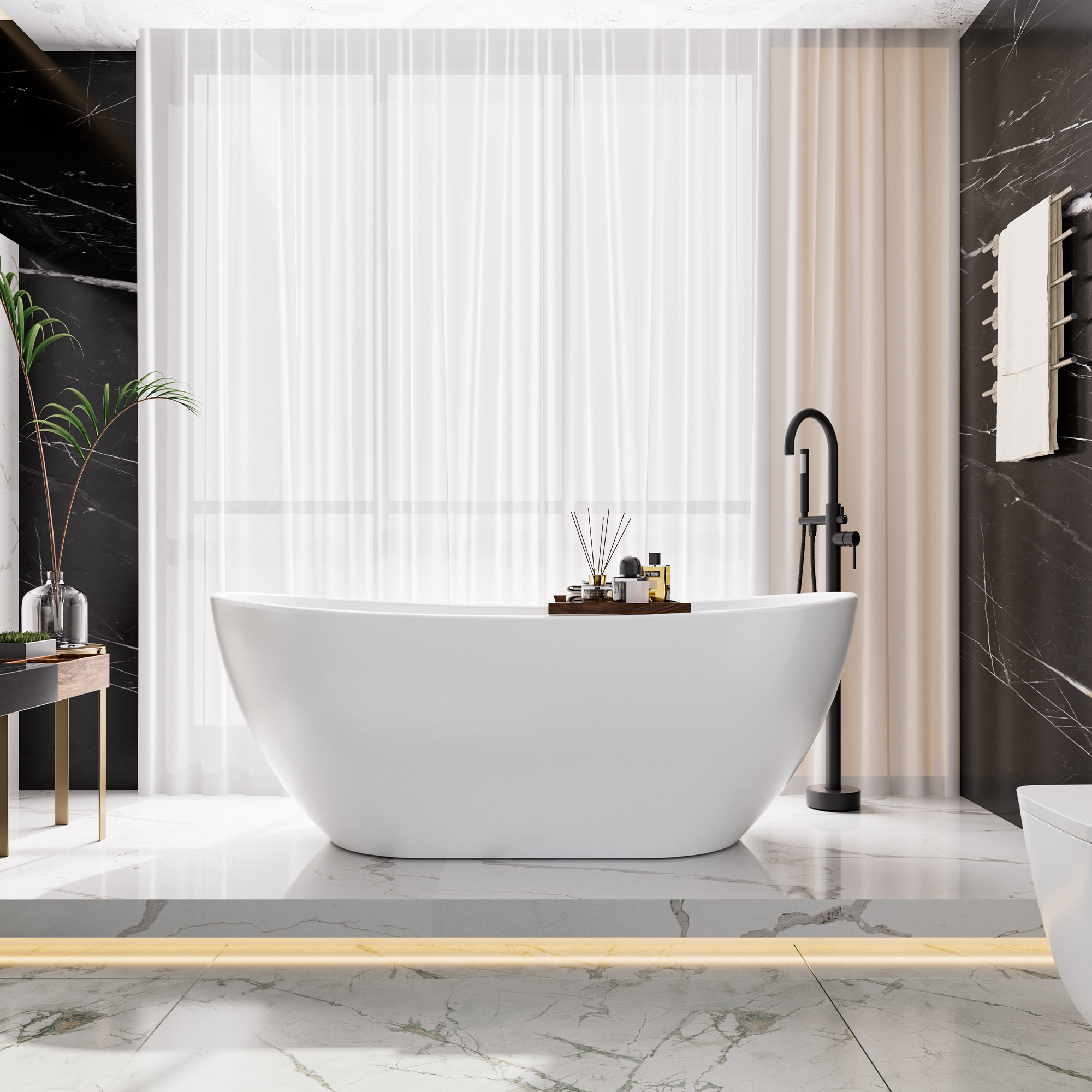 56"/65"/71" Matte White Solid Surface Stone Freestanding Tub with Classic Arc Shape