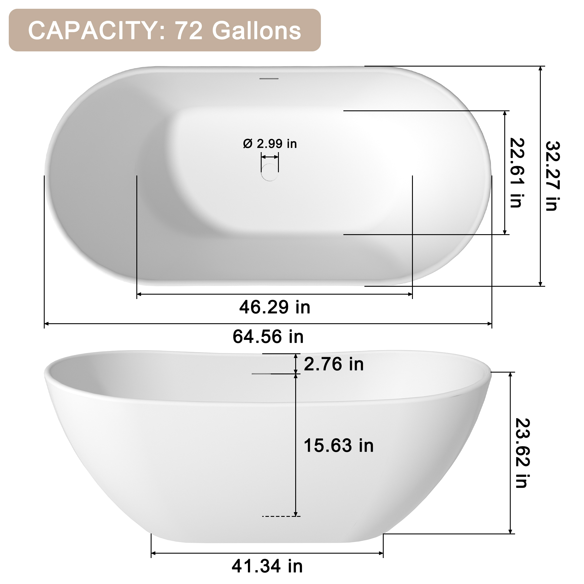 56"/65"/71" Matte White Solid Surface Stone Freestanding Tub with Classic Arc Shape