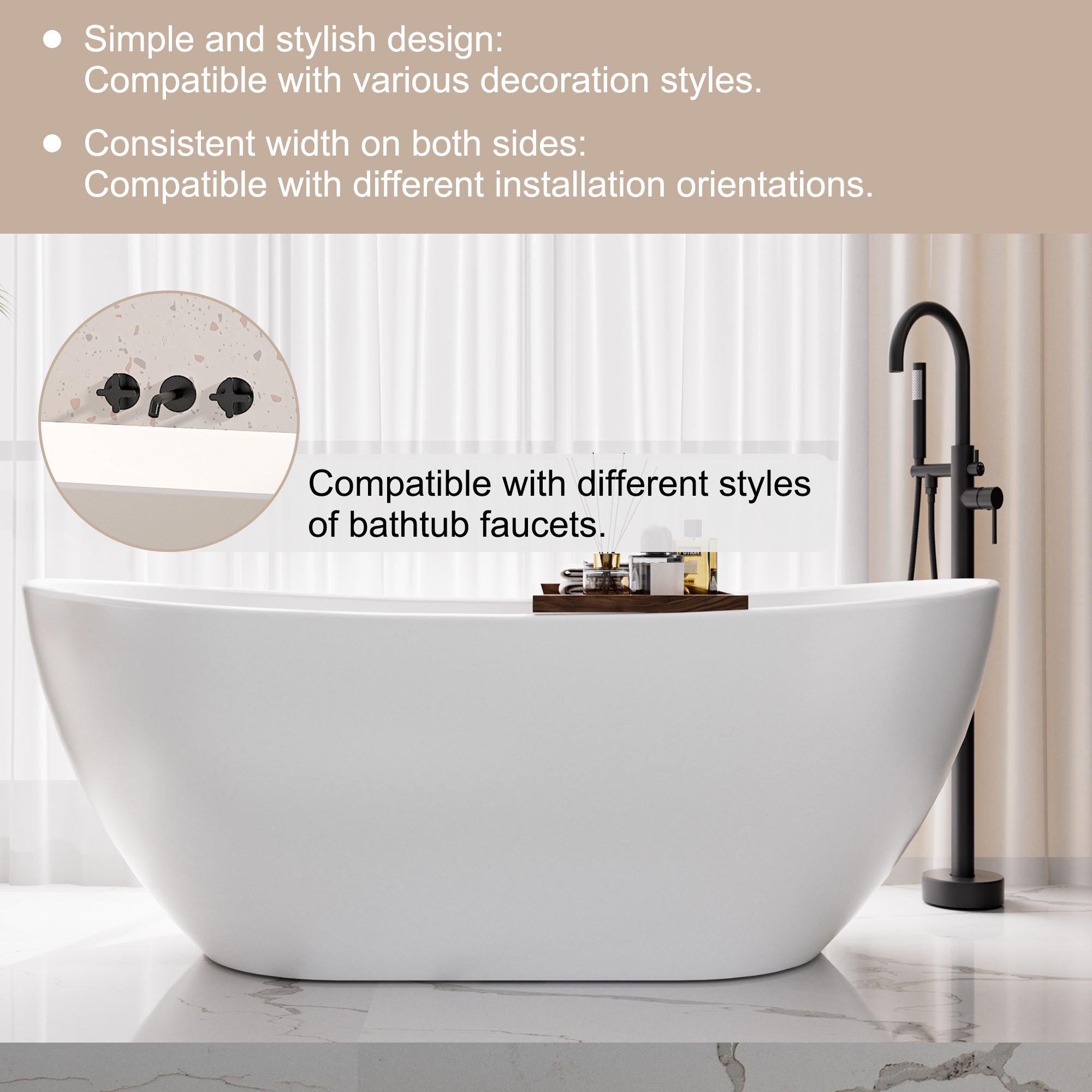 56"/65"/71" Matte White Solid Surface Stone Freestanding Tub with Classic Arc Shape