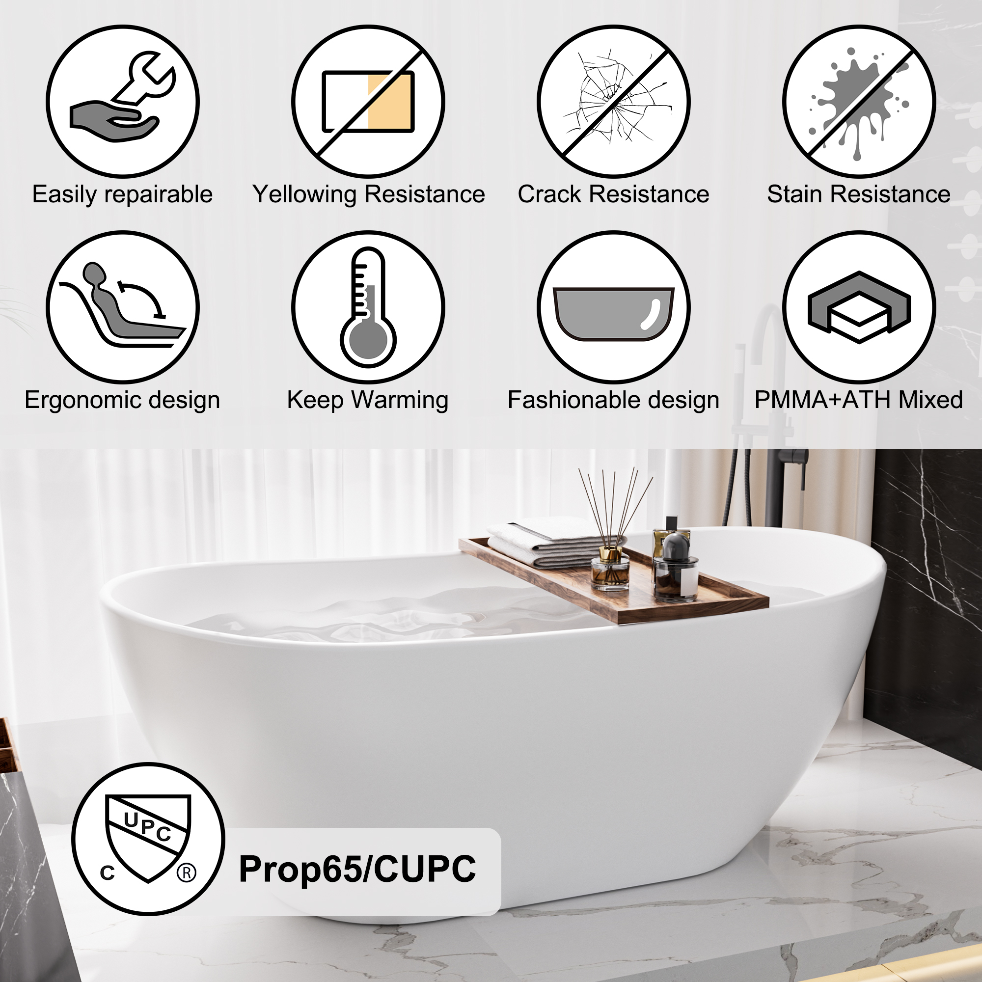 56"/65"/71" Matte White Solid Surface Stone Freestanding Tub with Classic Arc Shape