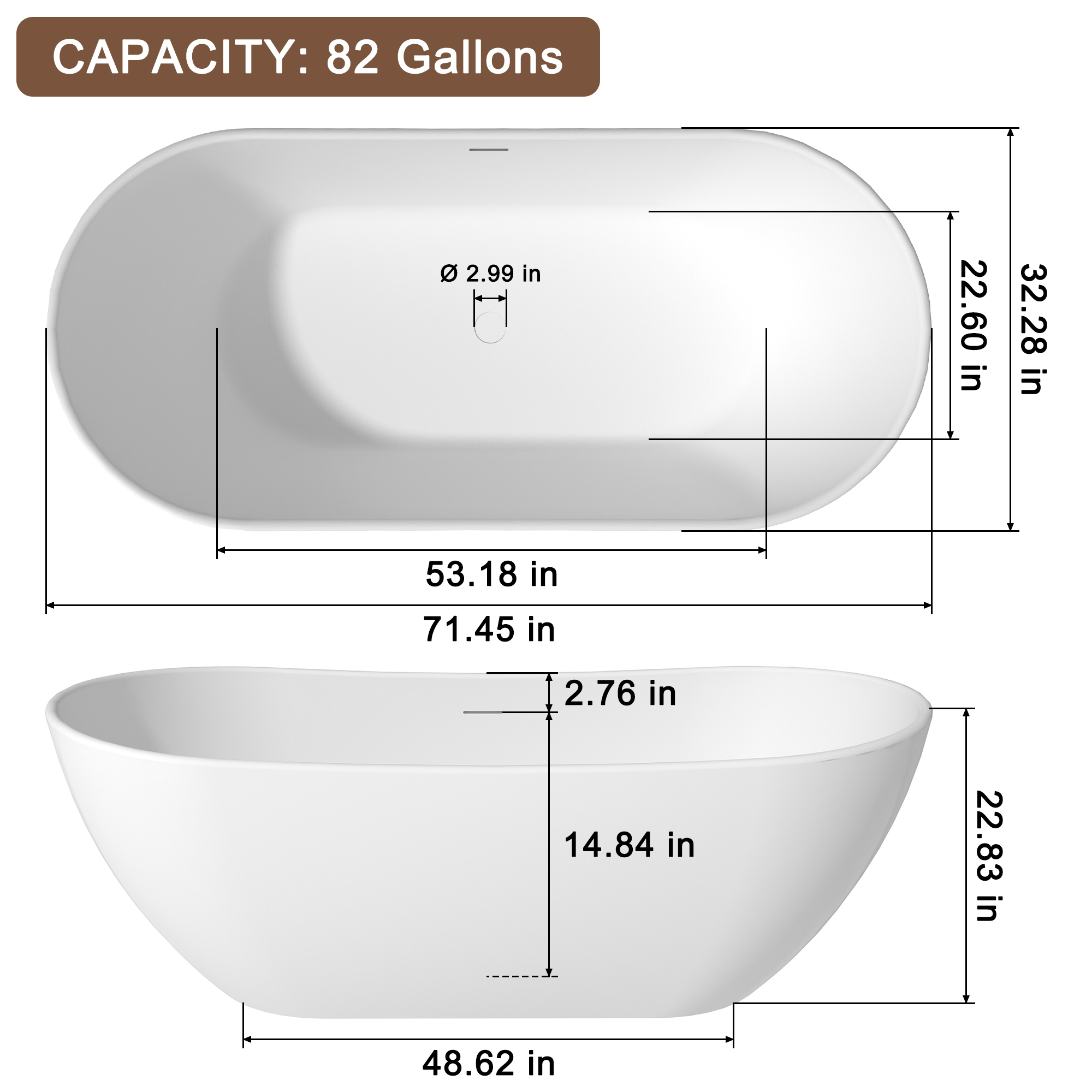56"/65"/71" Matte White Solid Surface Stone Freestanding Tub with Classic Arc Shape