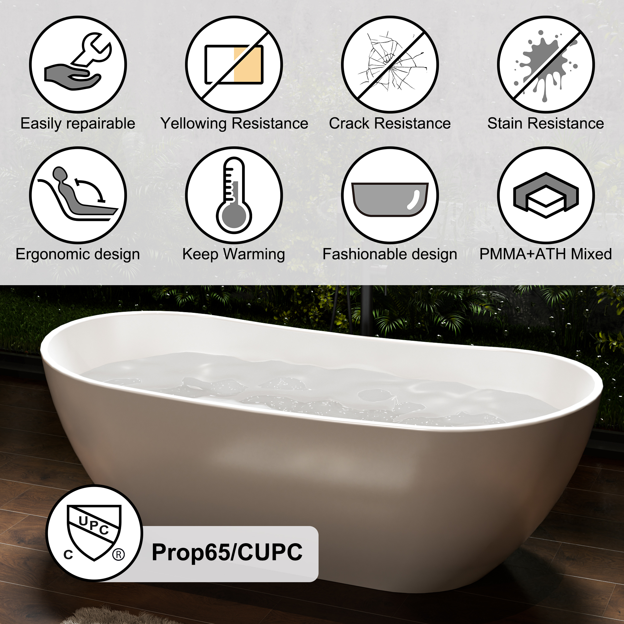 56"/65"/71" Matte White Solid Surface Stone Freestanding Tub with Classic Arc Shape