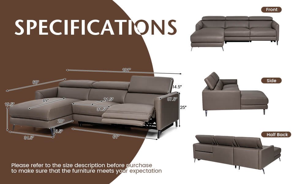 Leather Air Power Reclining Sectional Sofa with Adjustable Headrests