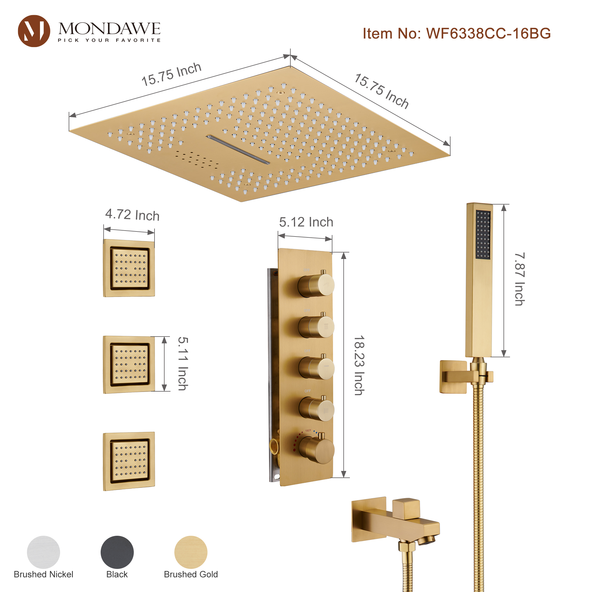 Mondawe 4-Way Shower System with LED and Music Player in Black/Nickel/Gold-Mondawe