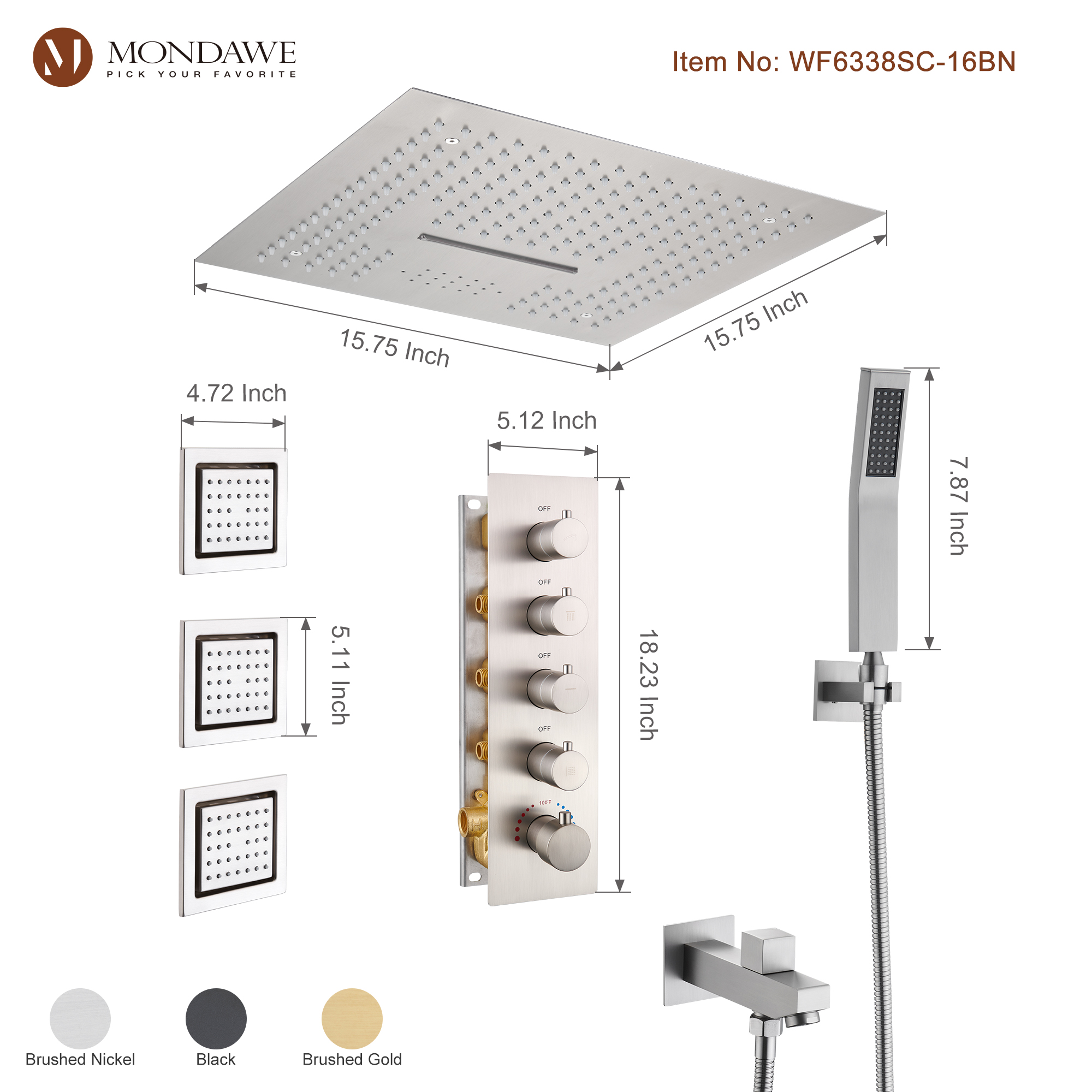 Mondawe 4-Way Shower System with LED and Music Player in Black/Nickel/Gold-Mondawe