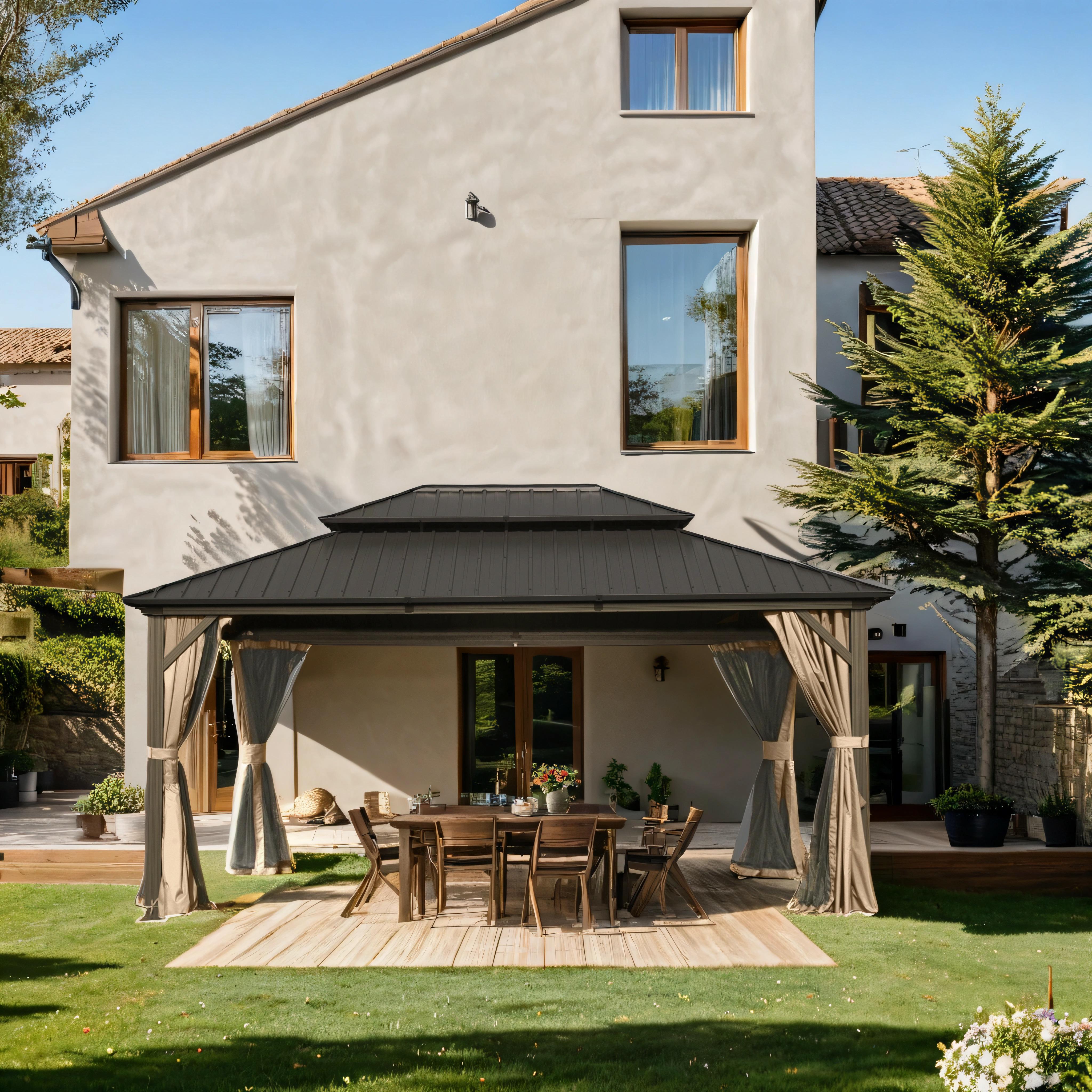 10' X 14' Outdoor Hardtop Gazebo, Aluminum Metal Galvanized Steel Double Roof Gazebo with Curtain and Netting for Party, Wedding, Outdoor Dining, Brown