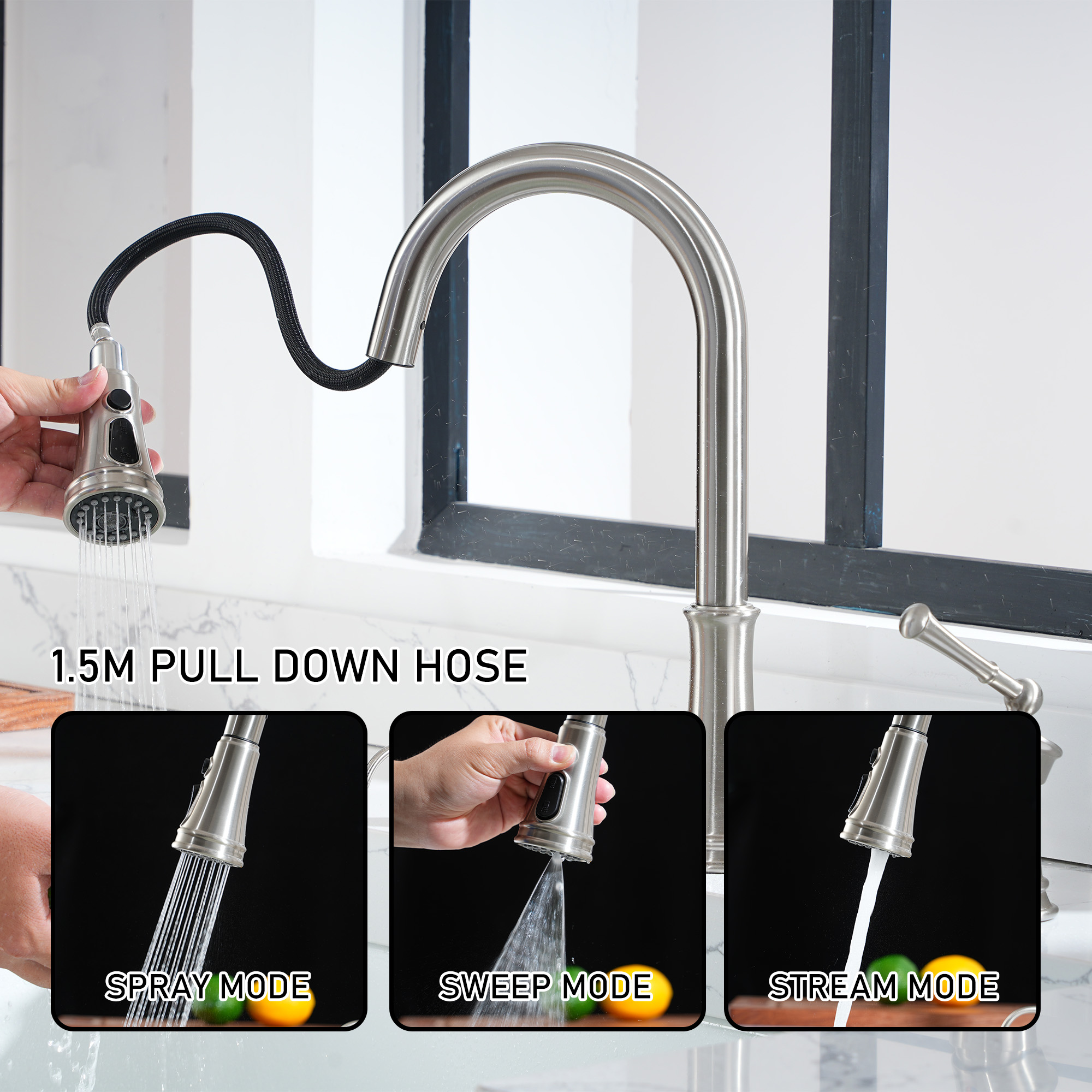 3 holes 8 inch widespread kitchen faucet with soap dispenser