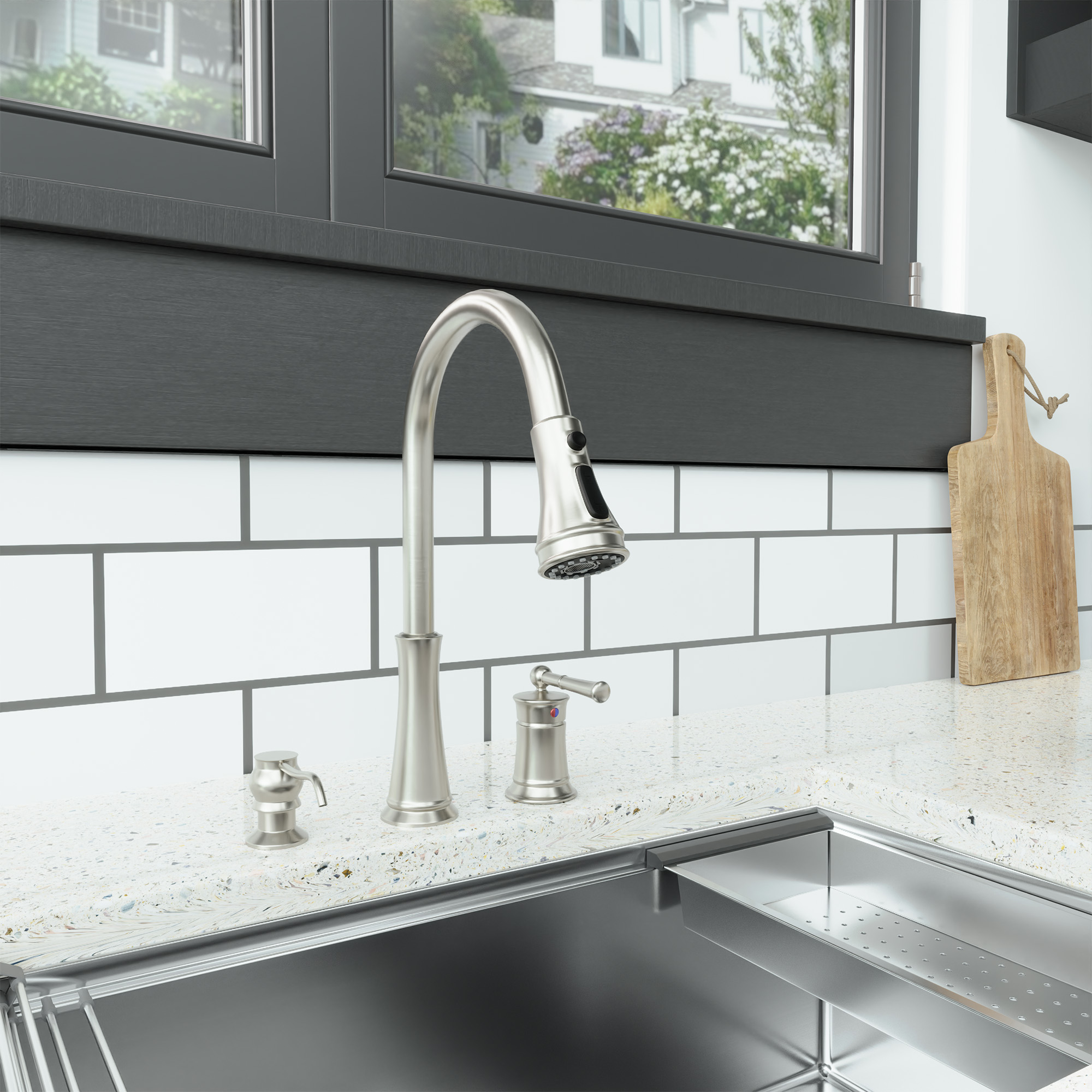 3 holes 8 inch widespread kitchen faucet with soap dispenser