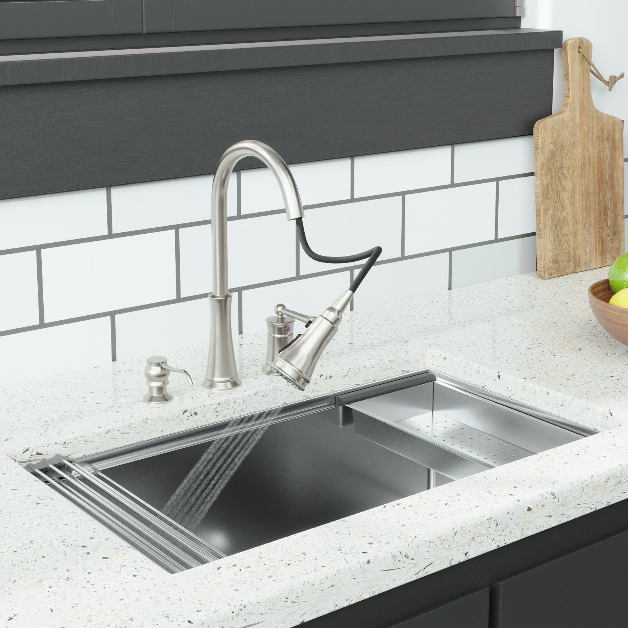 3 holes 8 inch widespread kitchen faucet with soap dispenser