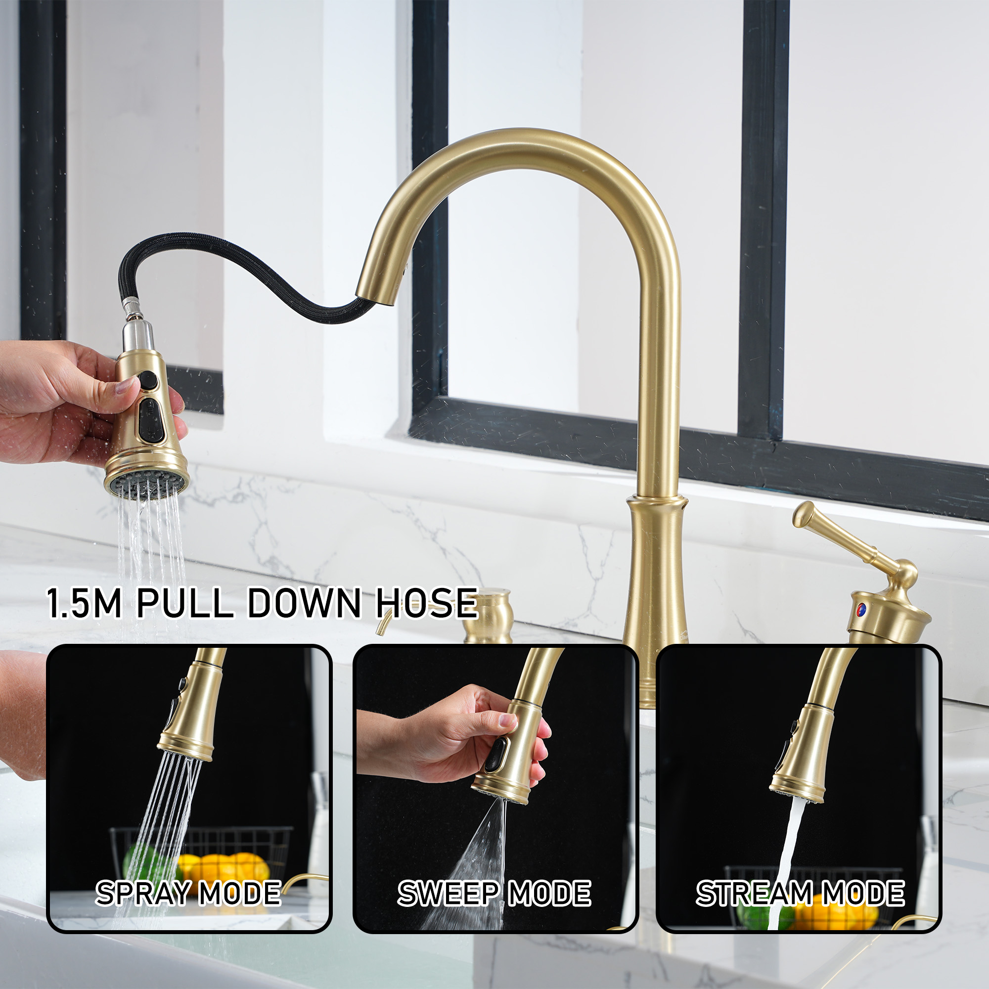 3 holes 8 inch widespread kitchen faucet with soap dispenser