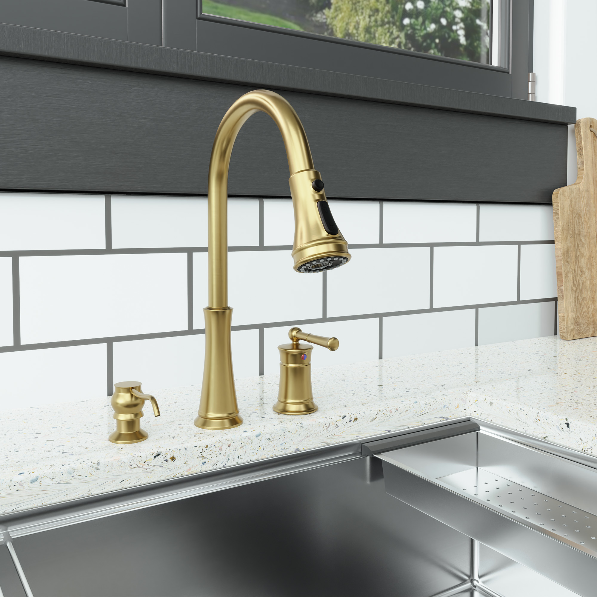 3 holes 8 inch widespread kitchen faucet with soap dispenser