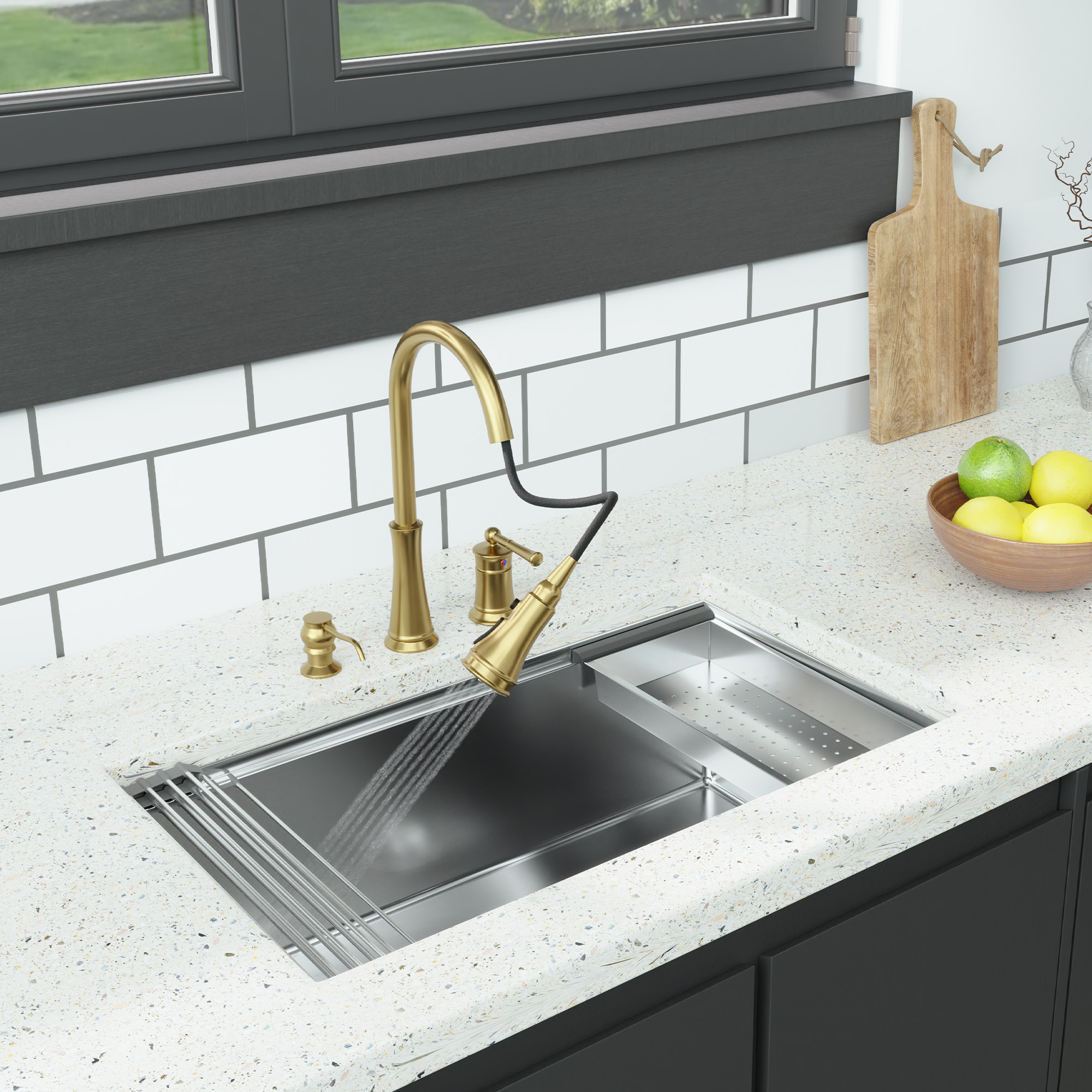 3 holes 8 inch widespread kitchen faucet with soap dispenser