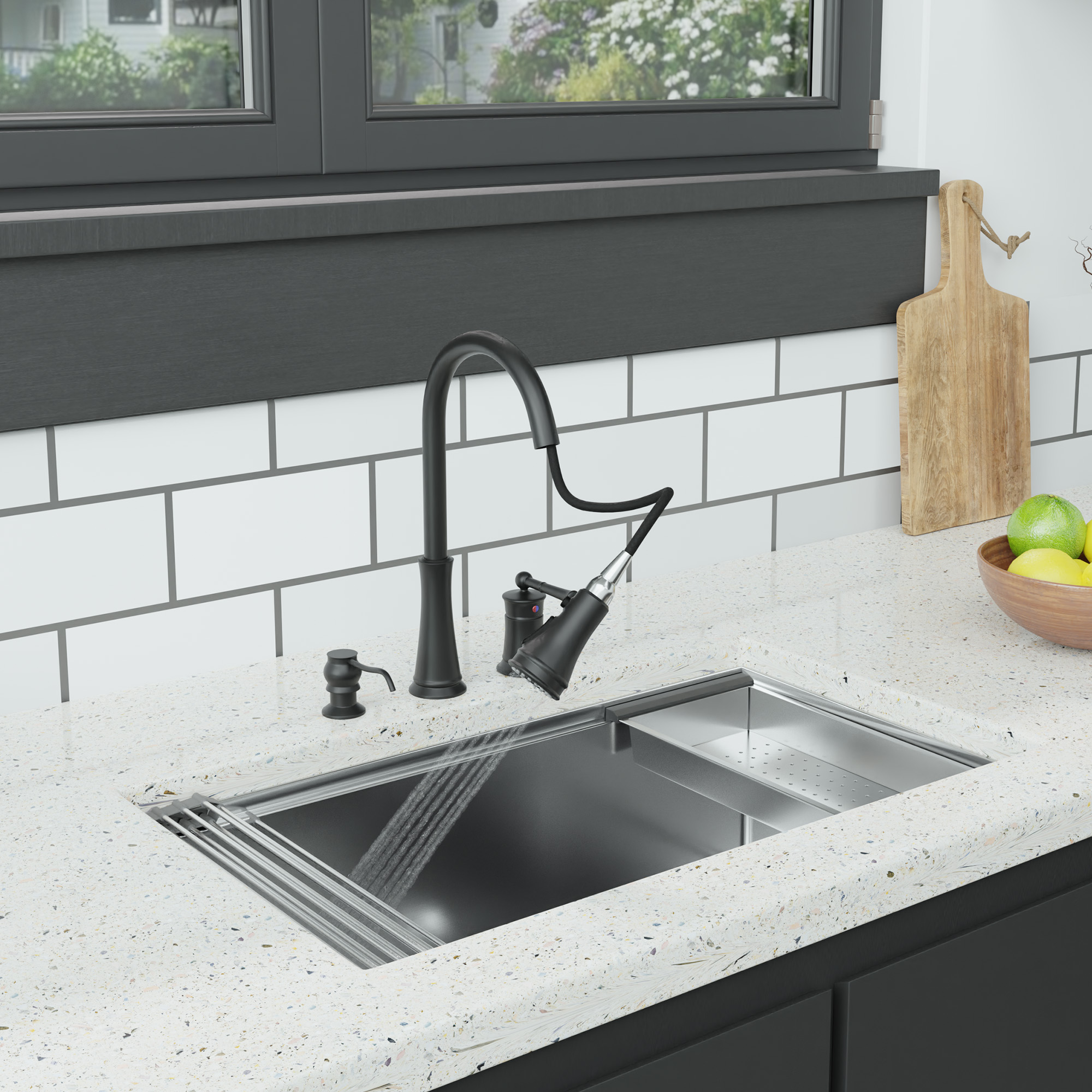 3 holes 8 inch widespread kitchen faucet with soap dispenser
