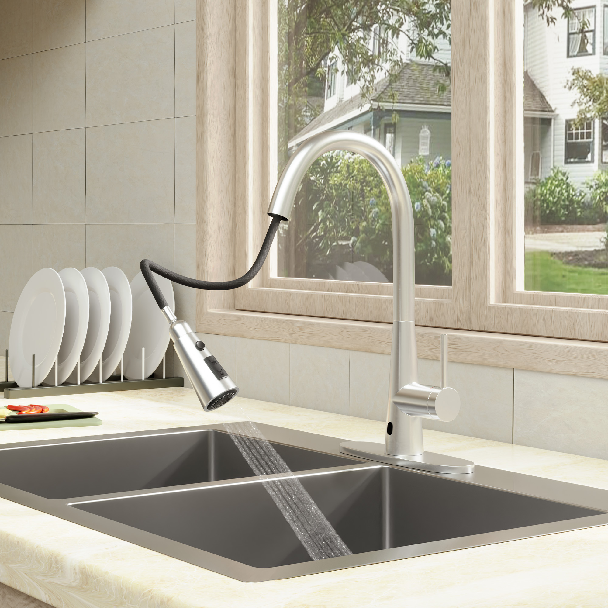 Touchless single handle pull out kitchen faucet