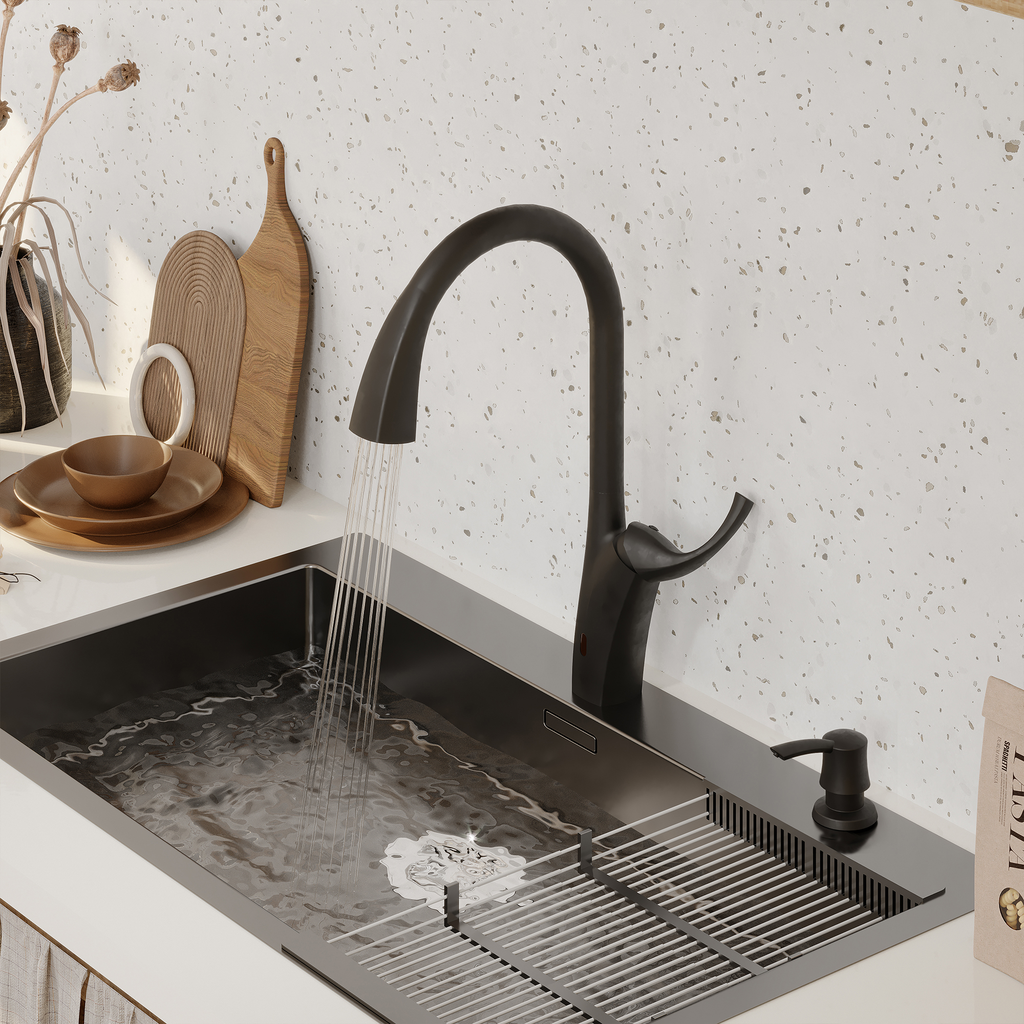 3-Spray Patterns 1.8 GPM Single Handle Touchless Pull-out Kitchen Faucet Wtih soap dispenser