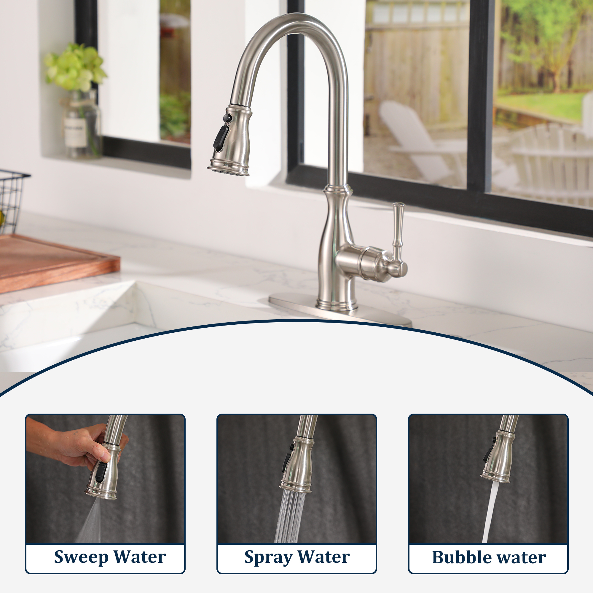 3-Spray Patterns 1.8 GPM Single Handle Brushed Nickel Pull-Out Kitchen Faucet With Brush