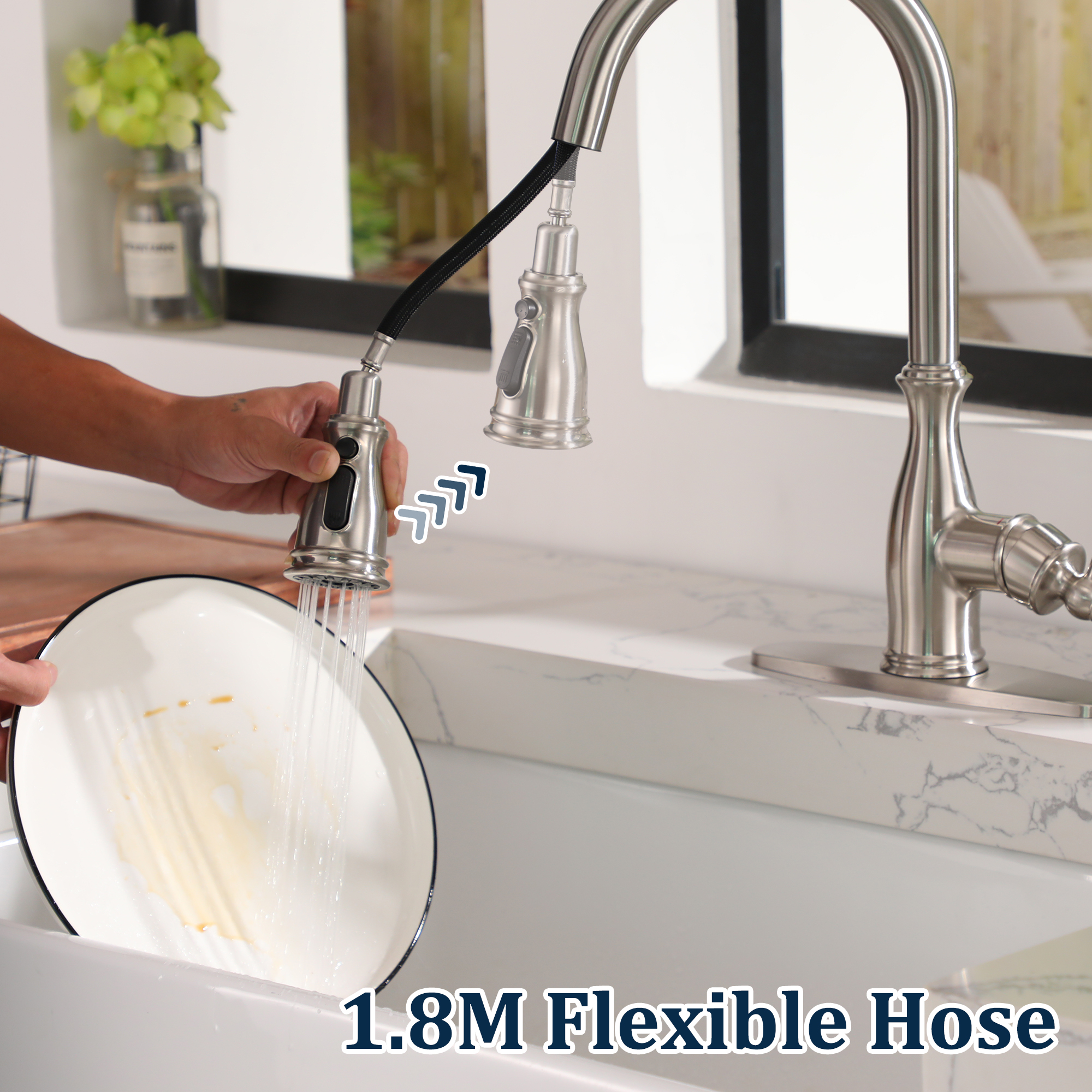 3-Spray Patterns 1.8 GPM Single Handle Brushed Nickel Pull-Out Kitchen Faucet With Brush