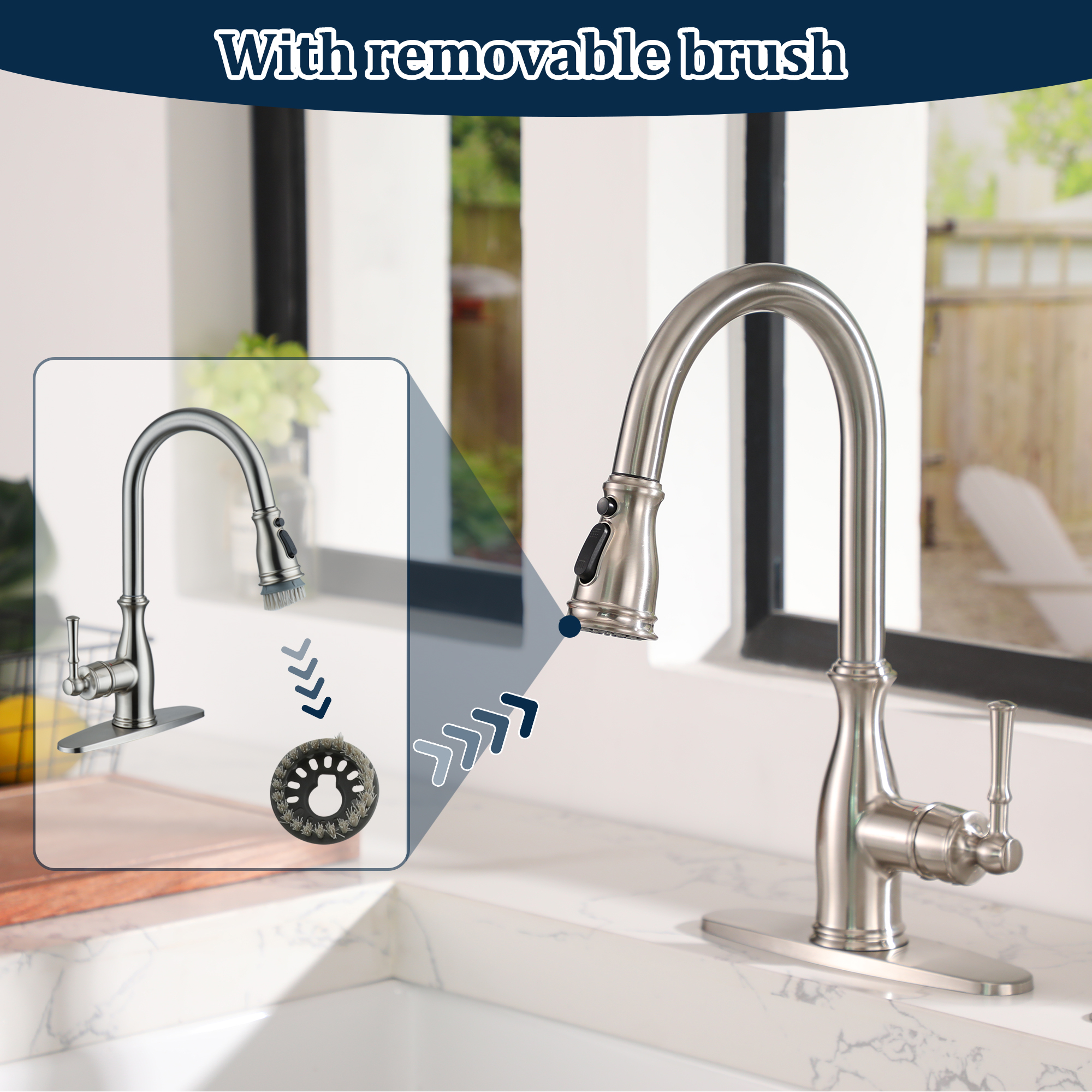 3-Spray Patterns 1.8 GPM Single Handle Brushed Nickel Pull-Out Kitchen Faucet With Brush