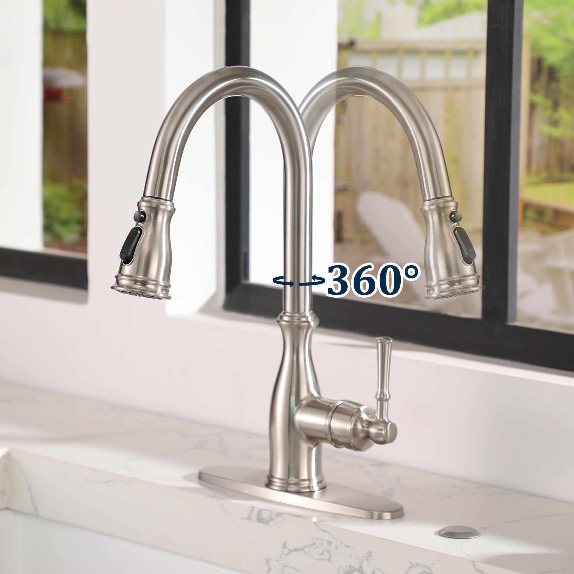 3-Spray Patterns 1.8 GPM Single Handle Brushed Nickel Pull-Out Kitchen Faucet With Brush