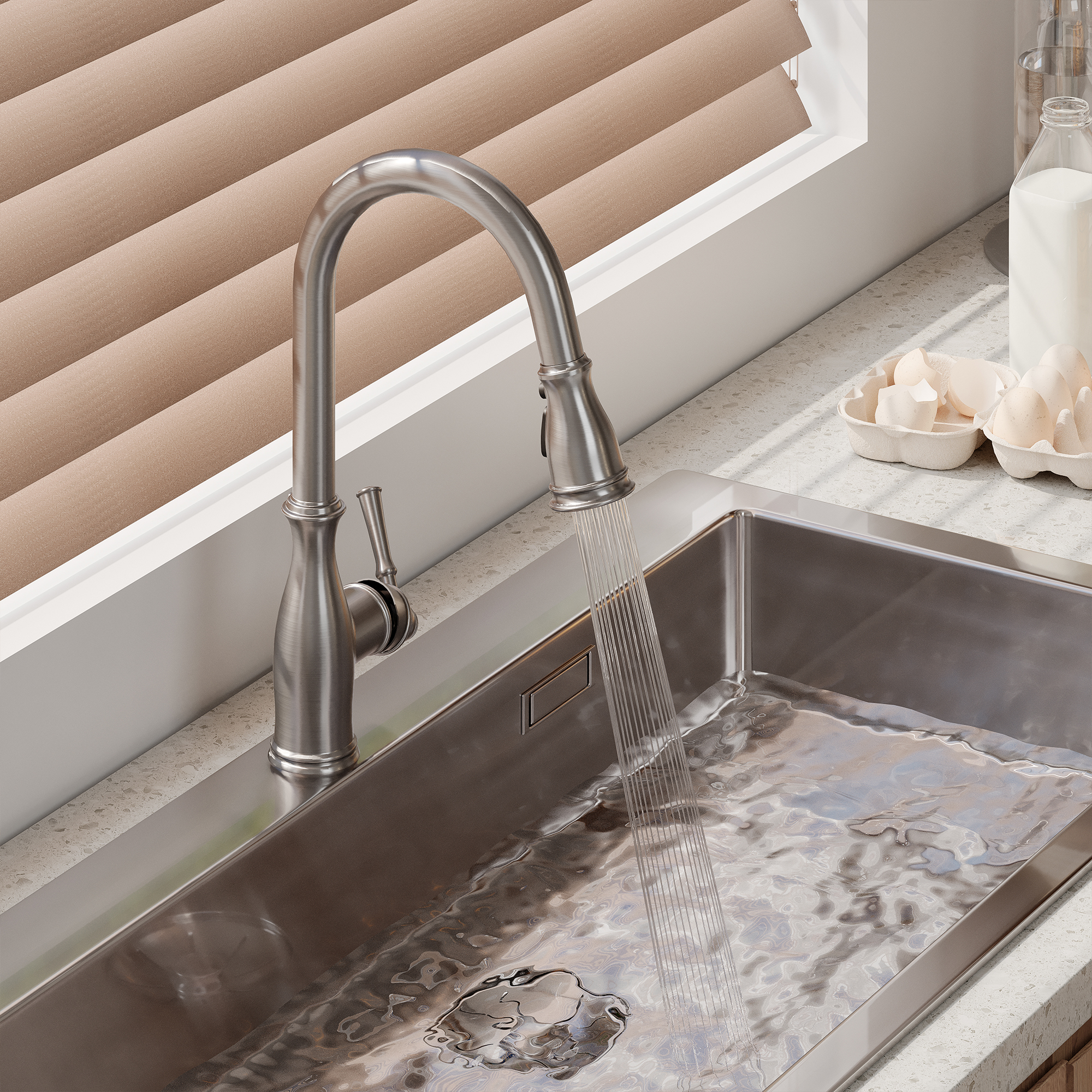 3-Spray Patterns 1.8 GPM Single Handle Brushed Nickel Pull-Out Kitchen Faucet With Brush