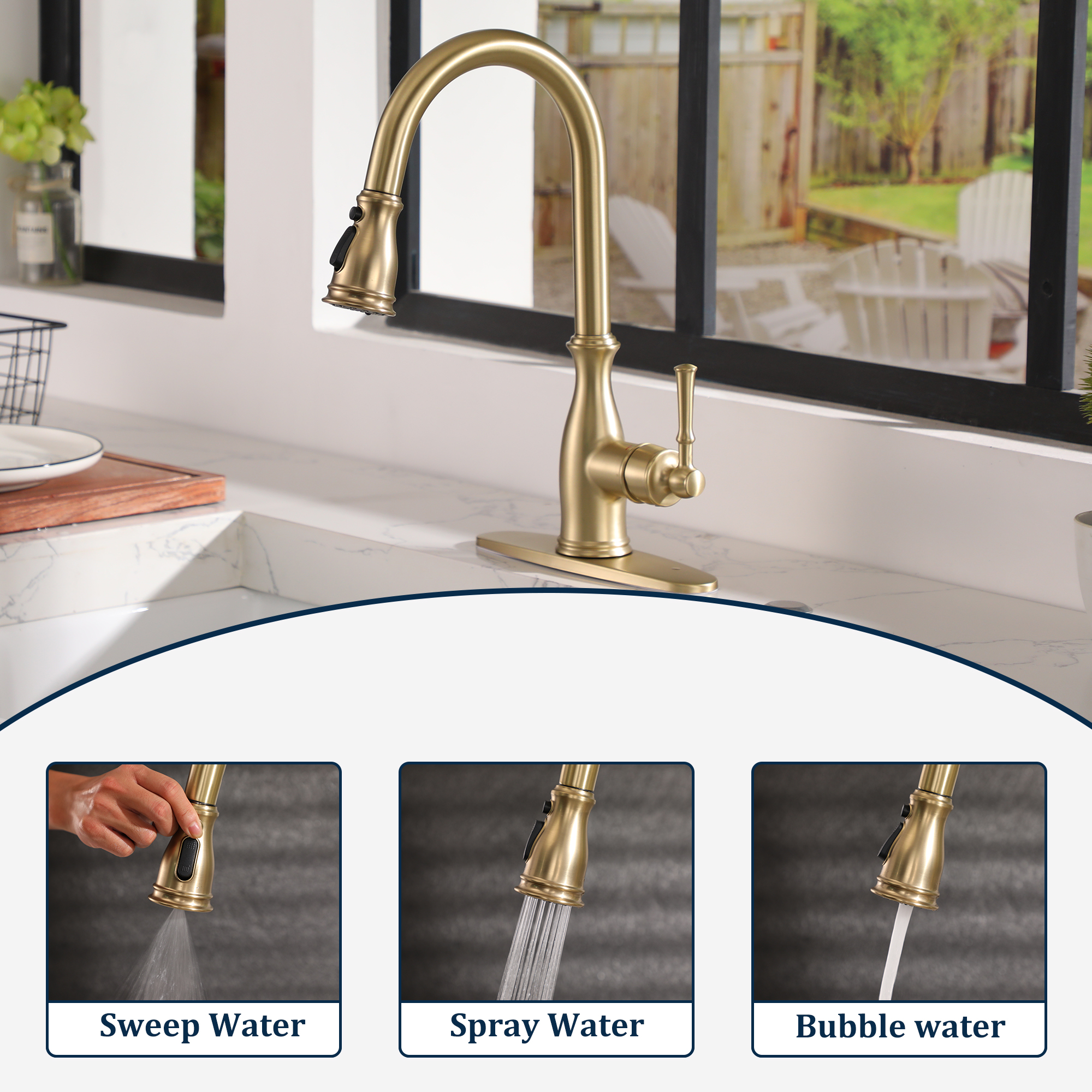 3-Spray Patterns 1.8 GPM Single Handle Brushed Nickel Pull-Out Kitchen Faucet With Brush