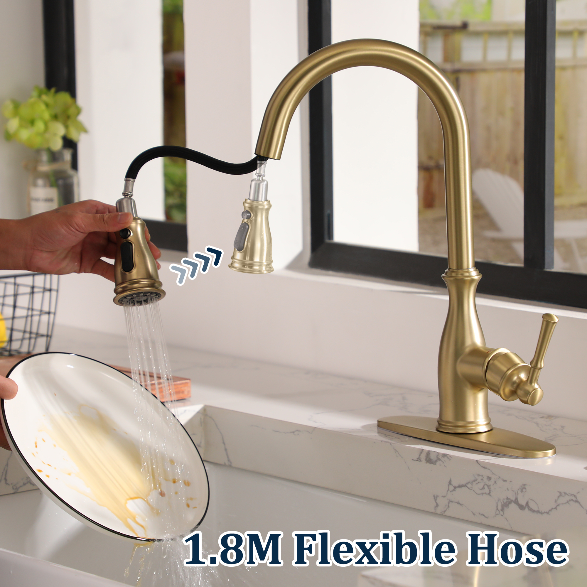 3-Spray Patterns 1.8 GPM Single Handle Brushed Nickel Pull-Out Kitchen Faucet With Brush