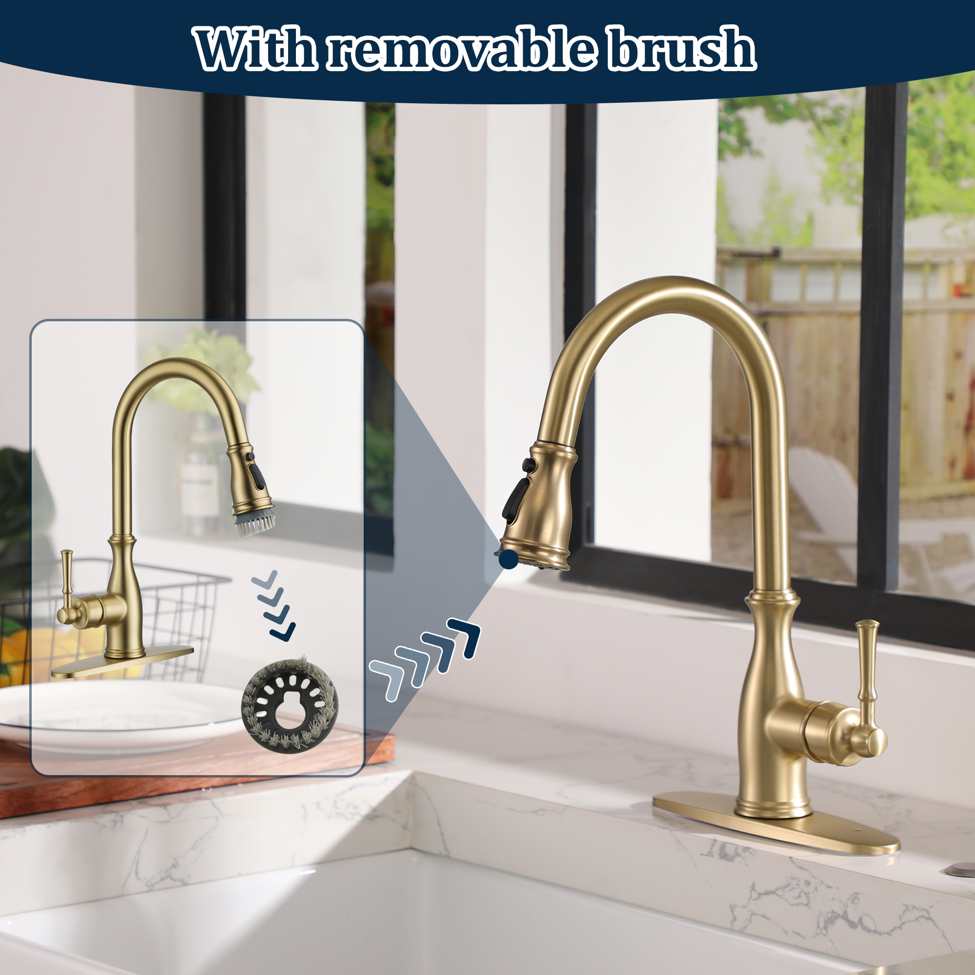 3-Spray Patterns 1.8 GPM Single Handle Brushed Nickel Pull-Out Kitchen Faucet With Brush